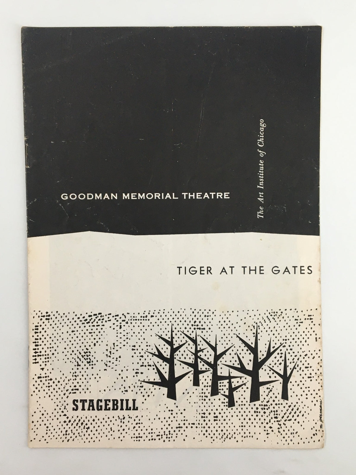 1958 Stagebill for Tiger at the Gates at The Goodman Theatre, featuring a minimalist black and white design with trees and a theater logo.