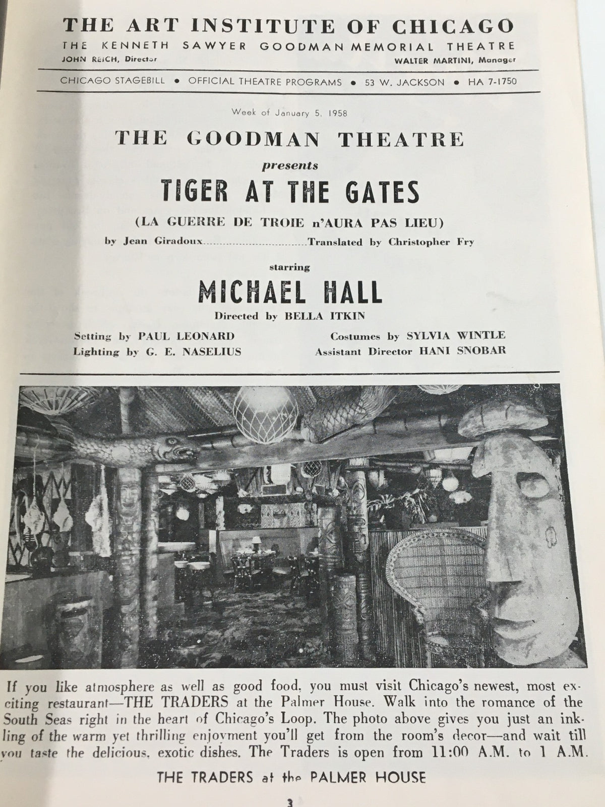 Interior page of the 1958 Stagebill for Tiger at the Gates at The Goodman Theatre, detailing the cast and production team for the performance.