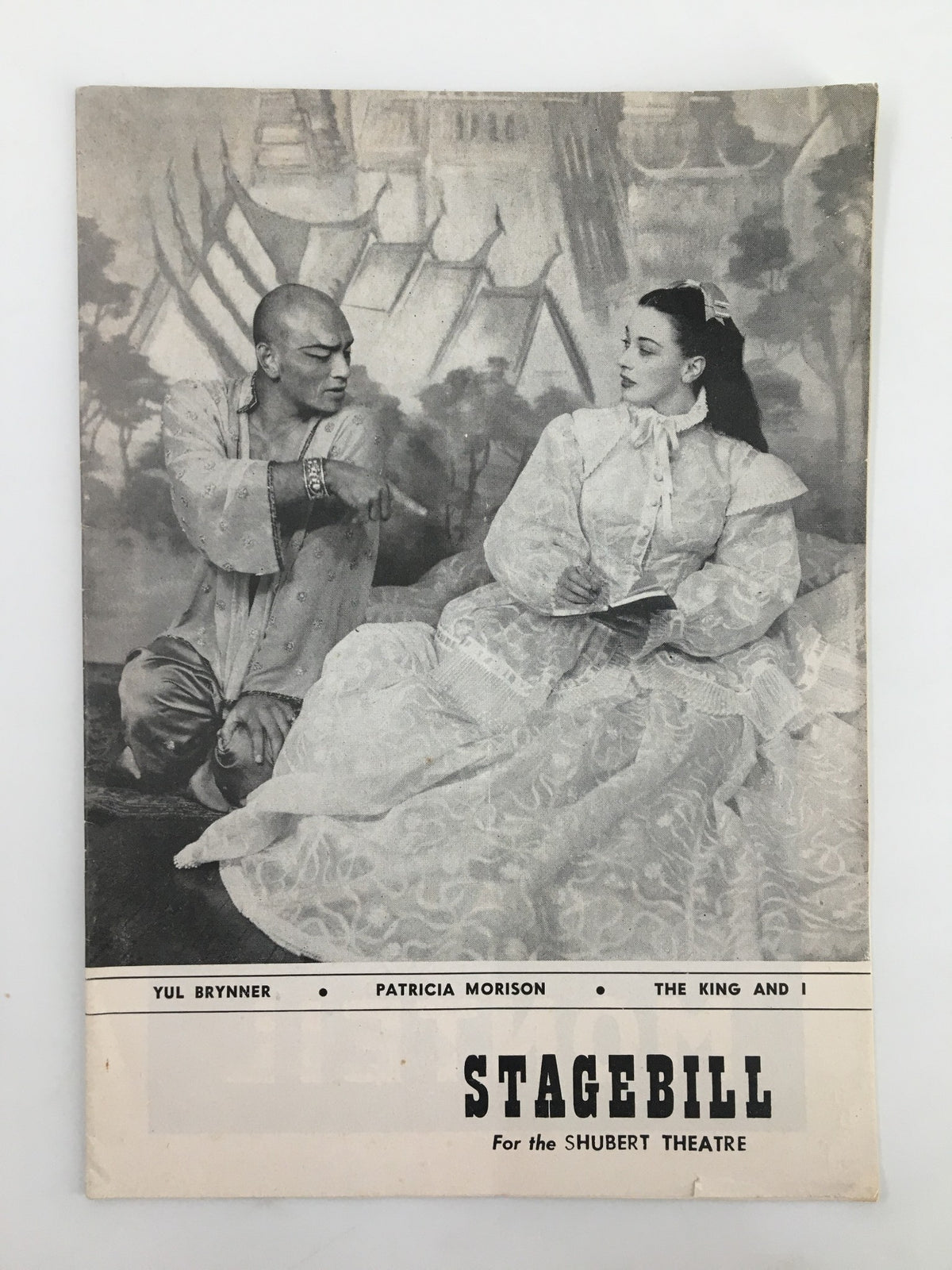 1954 Stagebill Shubert Theatre featuring Yul Brynner and Patricia Morison in The King and I, showcasing a dramatic black and white image of the two actors.
