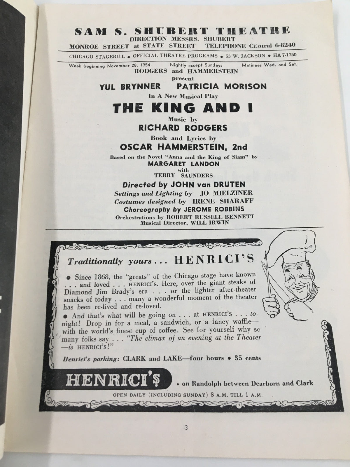 Interior page of the 1954 Stagebill from the Shubert Theatre for The King and I, detailing the musical credits and production team featuring Yul Brynner and Patricia Morison.