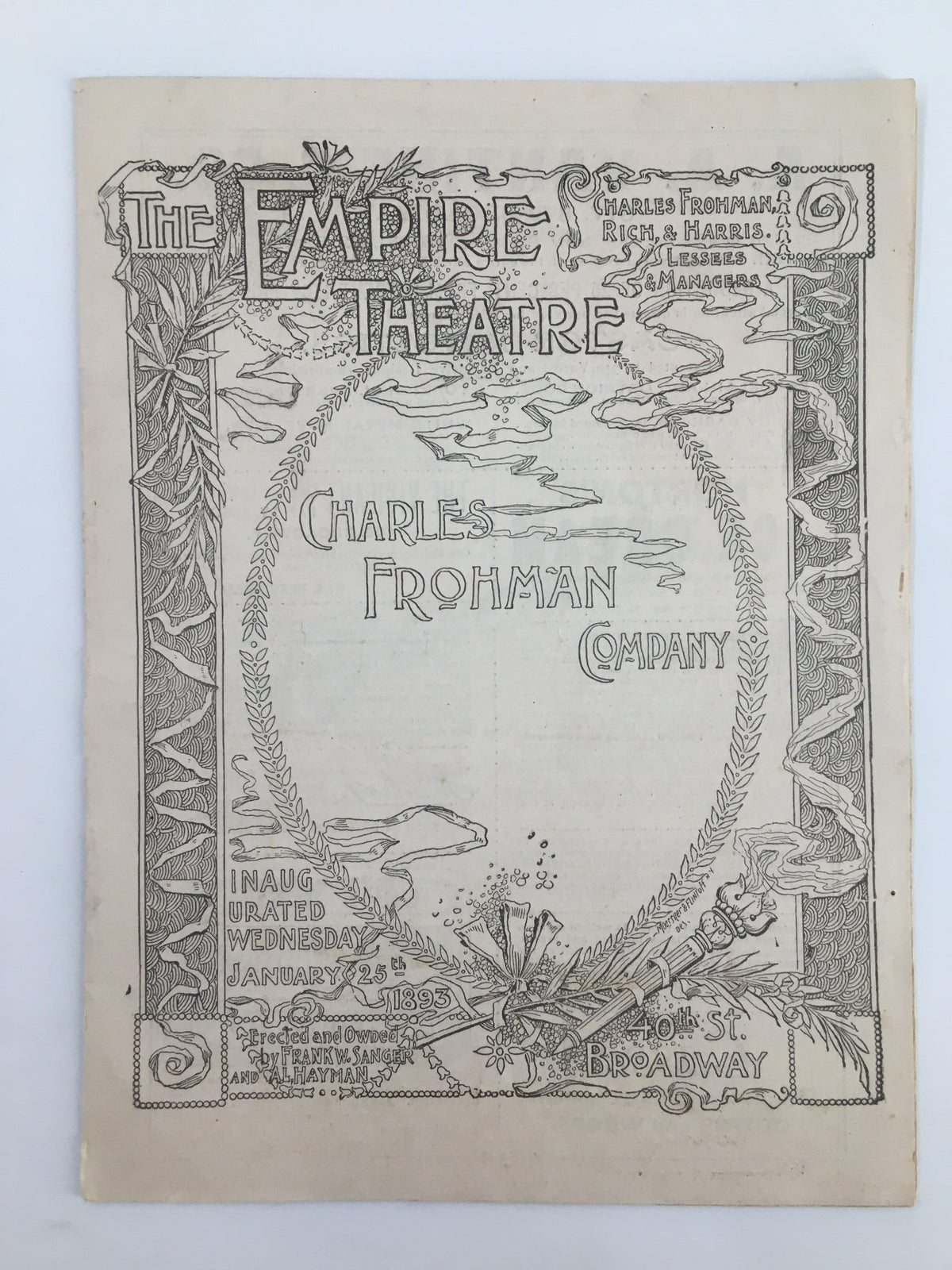 1893 The Empire Theatre Charles Frohman Company program cover featuring ornate designs and title details for Sowing The Wind.