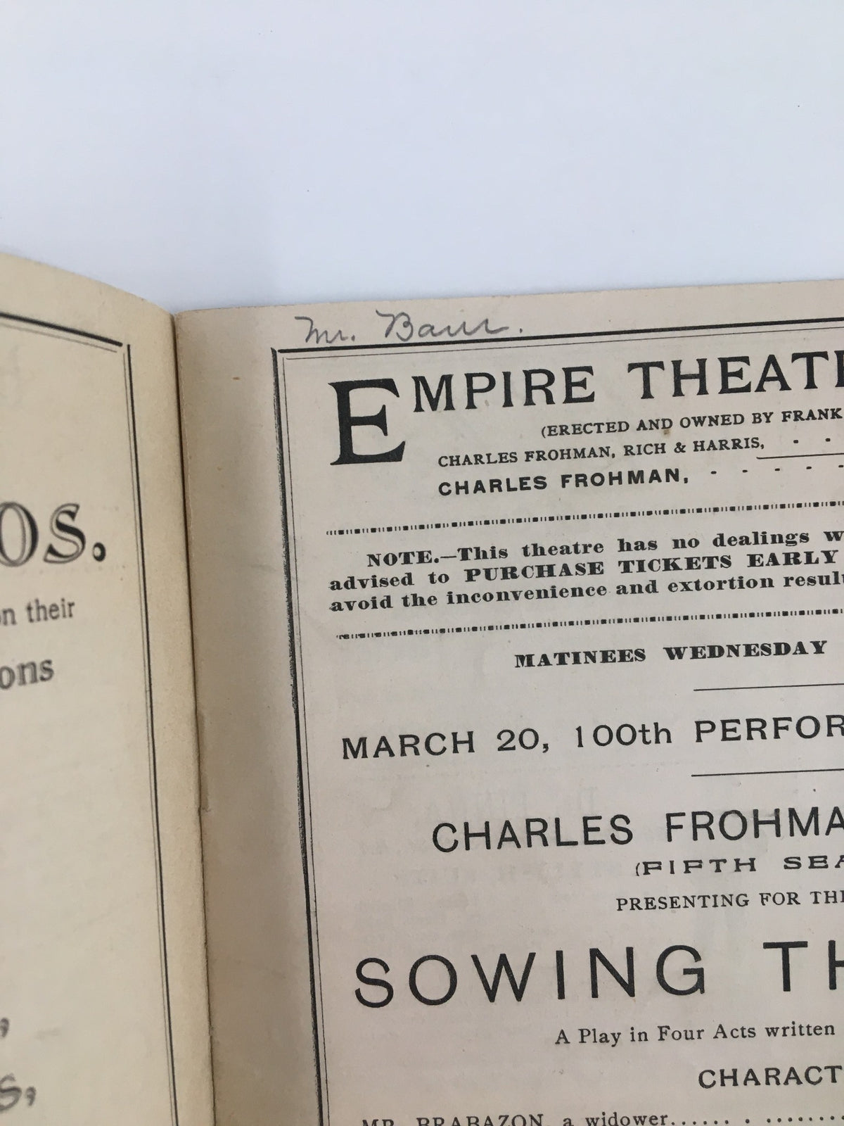 Close-up of the interior content of the 1893 The Empire Theatre program for Sowing The Wind, featuring handwritten notes.