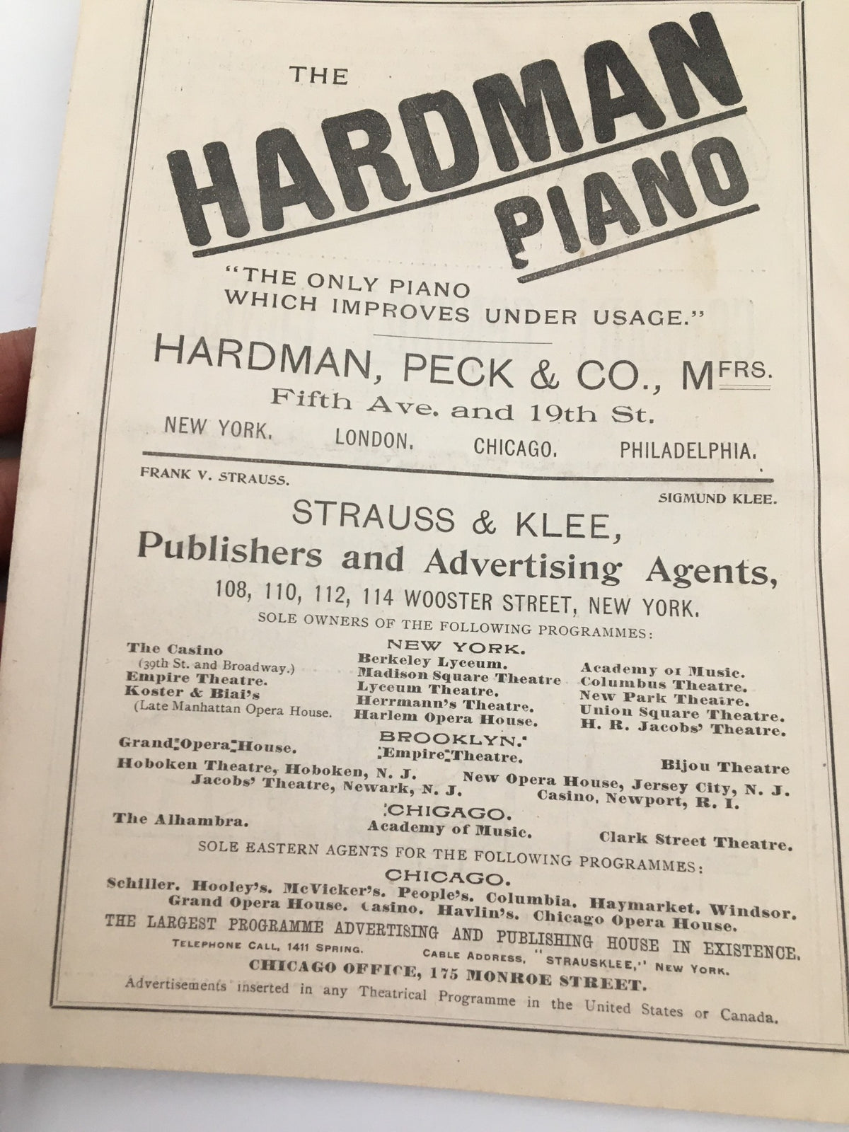 The Hardman Piano advertisement featuring details about Hardman, Peck & Co., MFRS located in New York, London, Chicago, and Philadelphia. This historical advertisement is part of the program for the '1893 The Empire Theatre Charles Frohman Company Henry Miller in Sowing The Wind.'