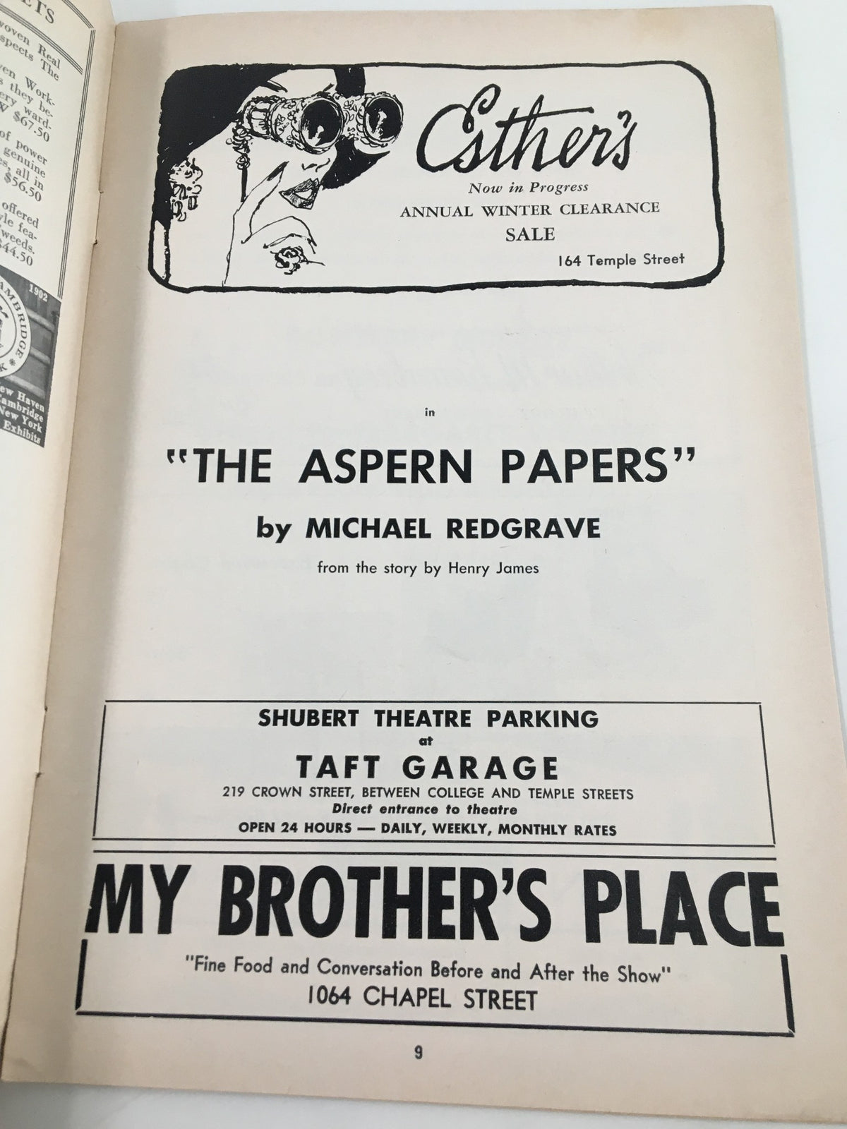 Interior page of the 1962 The Aspern Papers program by Michael Redgrave, advertising Shubert Theatre and local businesses in the city.