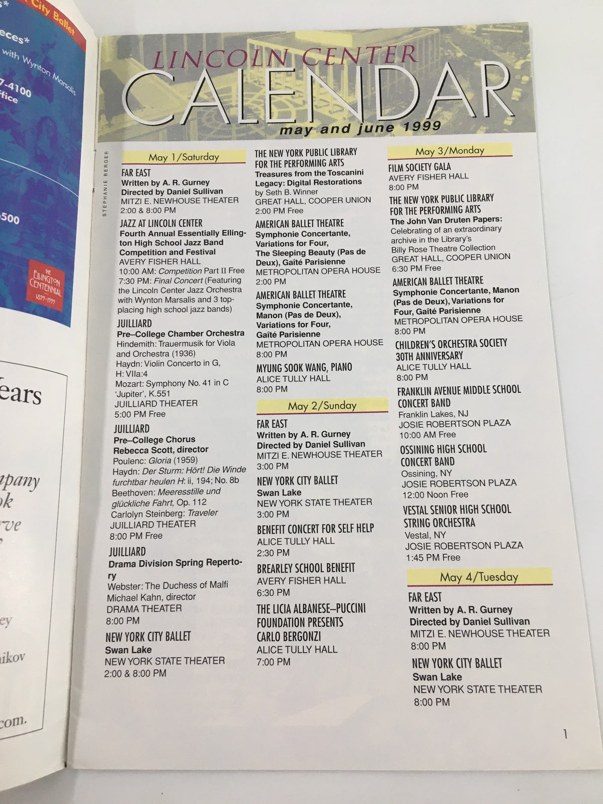 Inside page of the 1999 Stagebill Lincoln Center Calendar for May and June, displaying event listings and details at Lincoln Center.