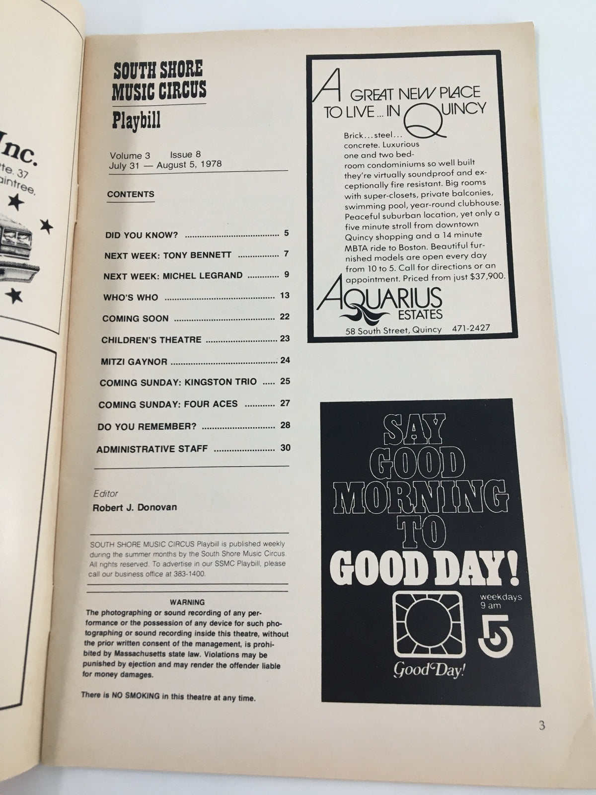 Inside page of the 1978 South Shore Music Circus program highlighting the upcoming performance schedule, including Tony Bennett and Michael Legrand.