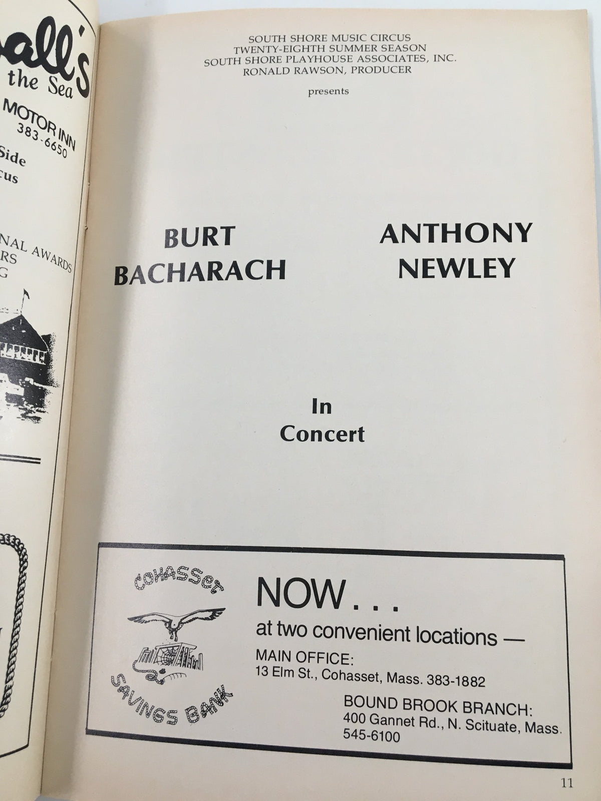 Page from the 1978 South Shore Music Circus program featuring Burt Bacharach and Anthony Newley in concert, contributing to the rich performance history of the venue.