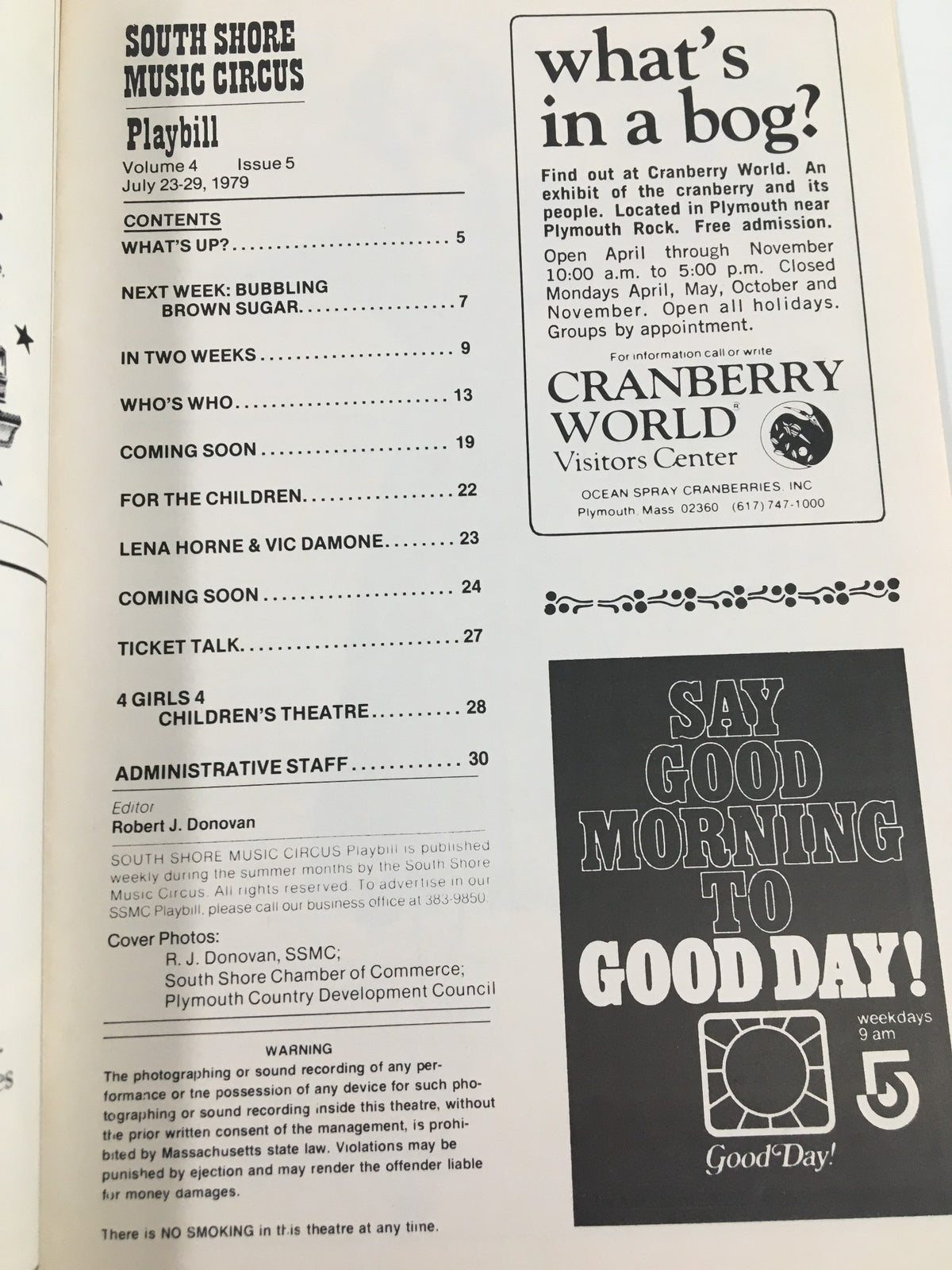 Inside page of the 1979 South Shore Music Circus Playbill listing upcoming performances and events, featuring Lena Horne and Vic Damone.