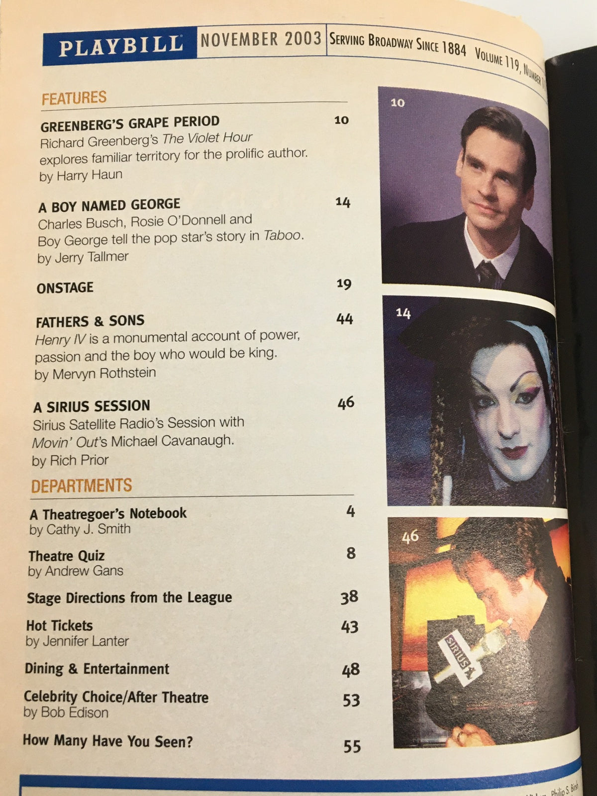 Contents page from the November 2003 Playbill highlighting feature articles and other plays, with a focus on the theatrical arts.