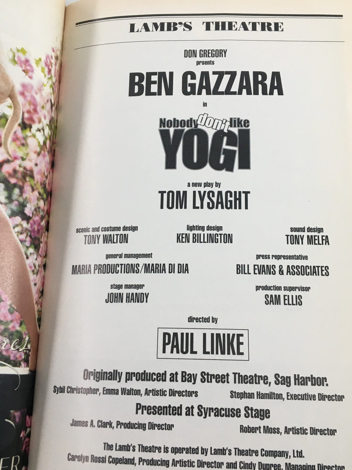 Cast page of the 2003 Playbill for Nobody Don't Like Yogi starring Ben Gazzara, detailing production credits and creative team roles.