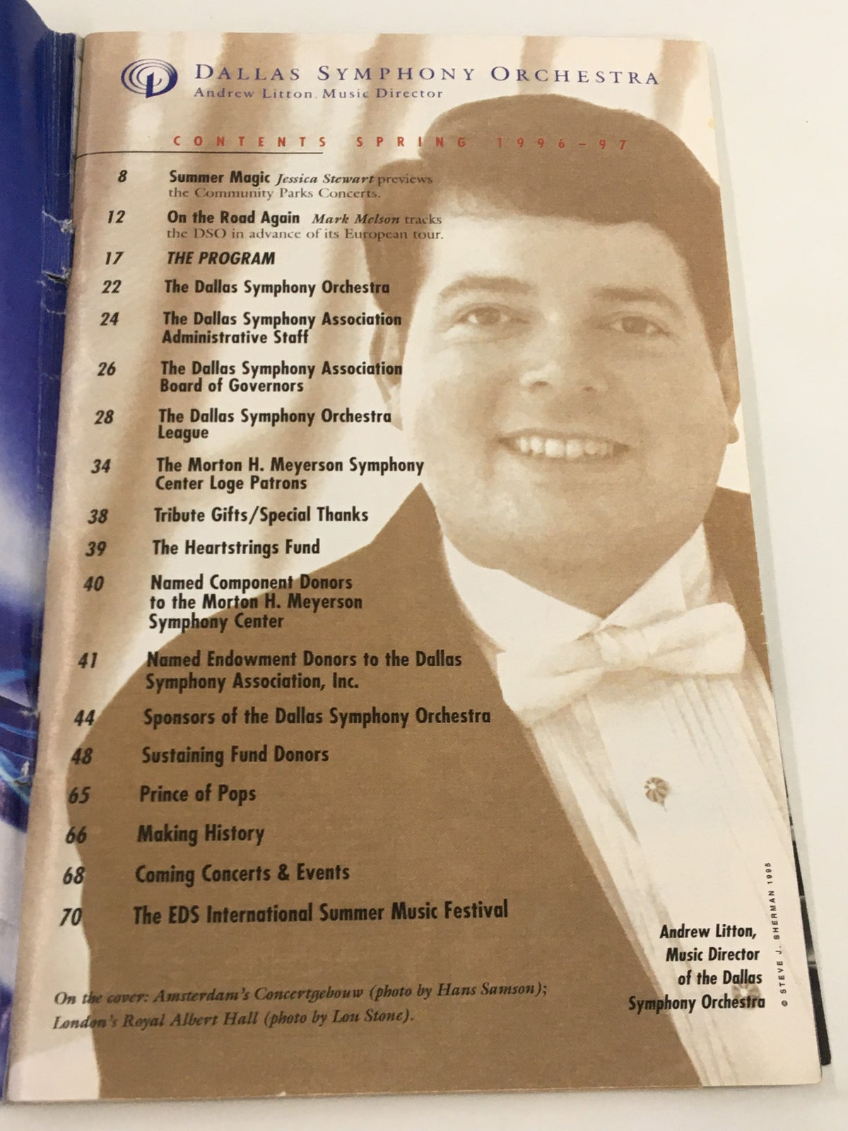 Inside content page of the 1997 Stagebill for the Dallas Symphony Orchestra, featuring details about Andrew Litton and the 1996-97 concert season.