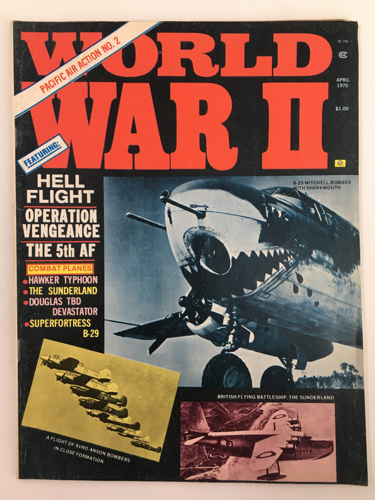 Cover of the VTG World War II Magazine from April 1975 featuring the B-25 Mitchell Bomber with sharkmouth design. The magazine highlights military aviation and includes sections on combat planes and aerial missions.