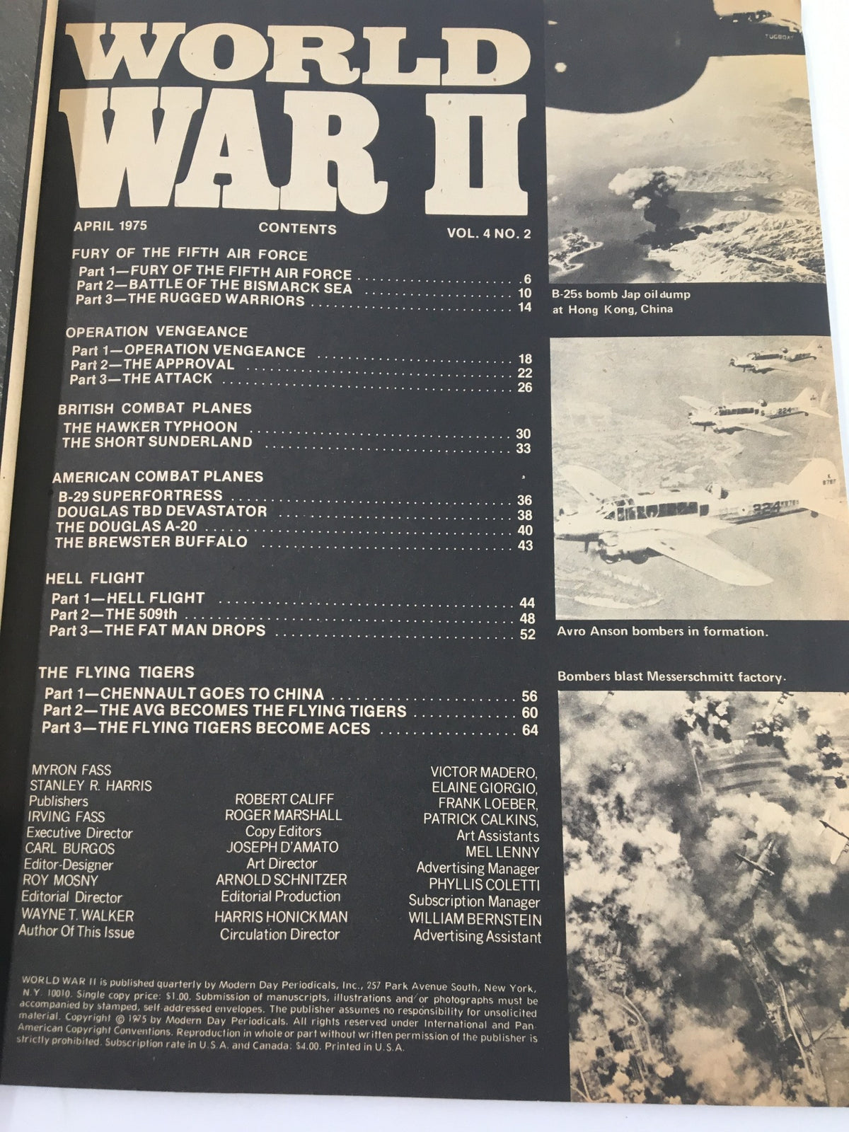 Contents page of the VTG World War II Magazine April 1975, displaying article titles and page numbers related to military aviation, including Operation Vengeance and Hell Flight.
