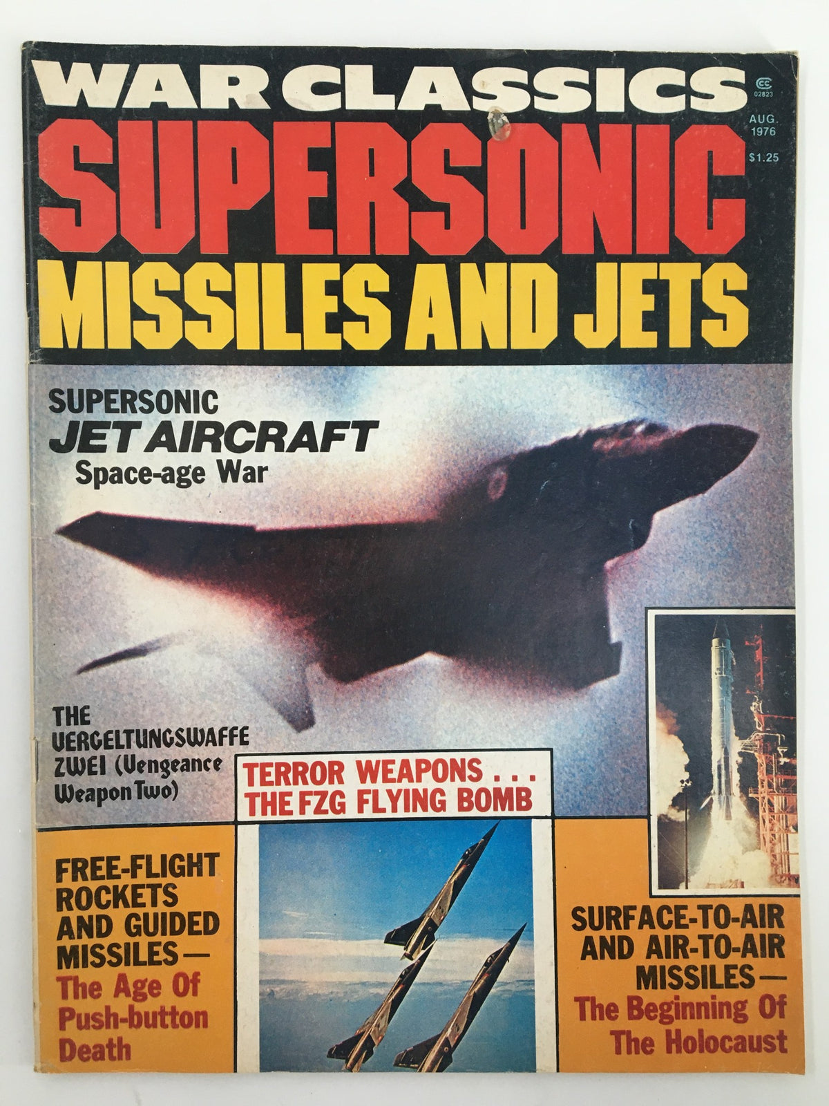 Cover of the VTG War Classics Magazine August 1976, featuring a supersonic jet aircraft and bold headlines about missiles and jets in space-age warfare.