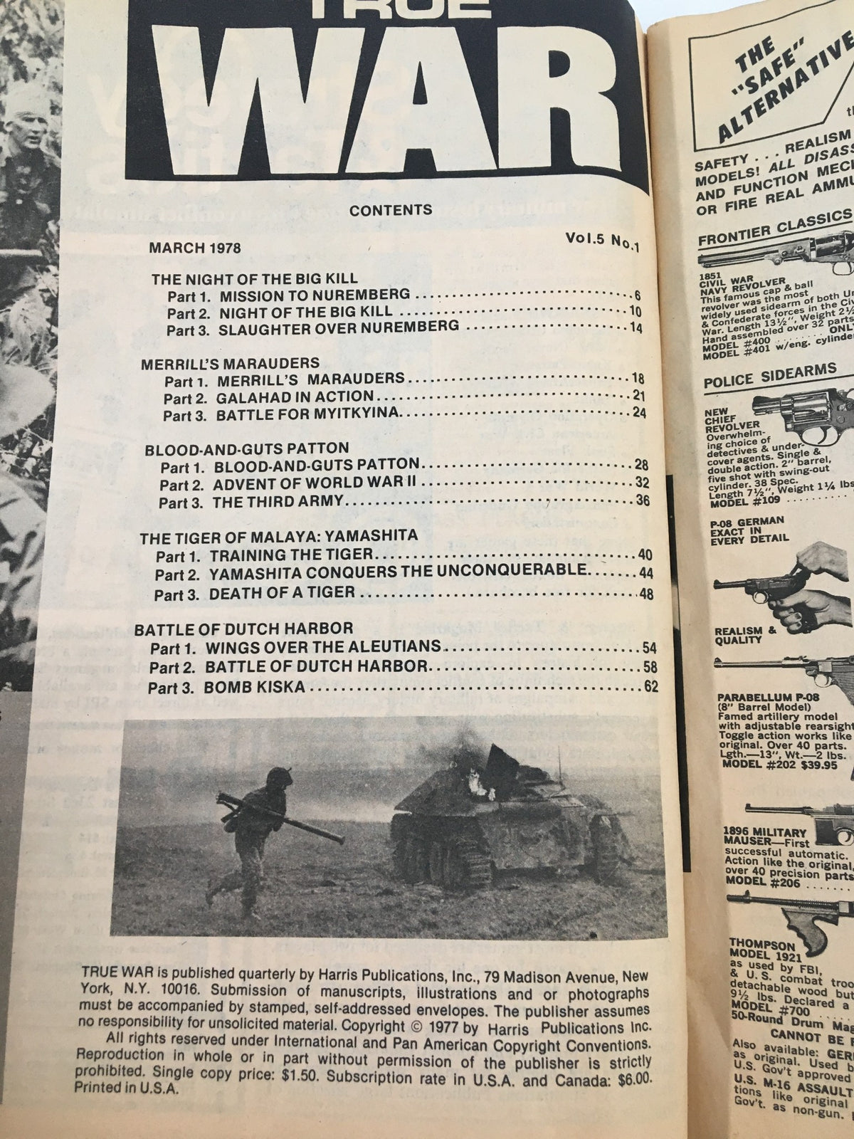 Contents page of VTG True War Magazine March 1978 outlining featured articles including 'Battle of Dutch Harbor' and 'Blood and Guts Patton', highlighting significant WWII topics.