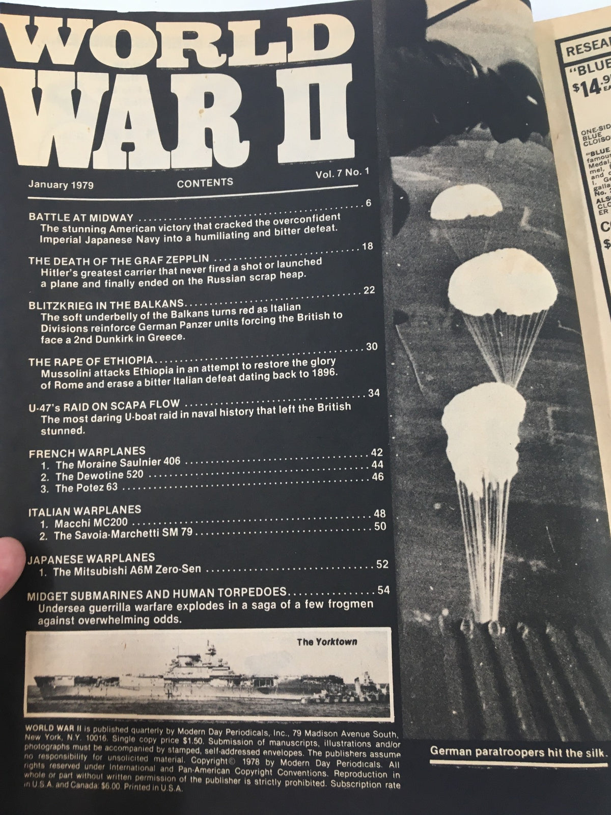 Contents page of VTG World War II Magazine January 1979, detailing articles including Blitzkrieg in the Balkans, Battle at Midway, and military aircraft, providing insights into significant wartime events.