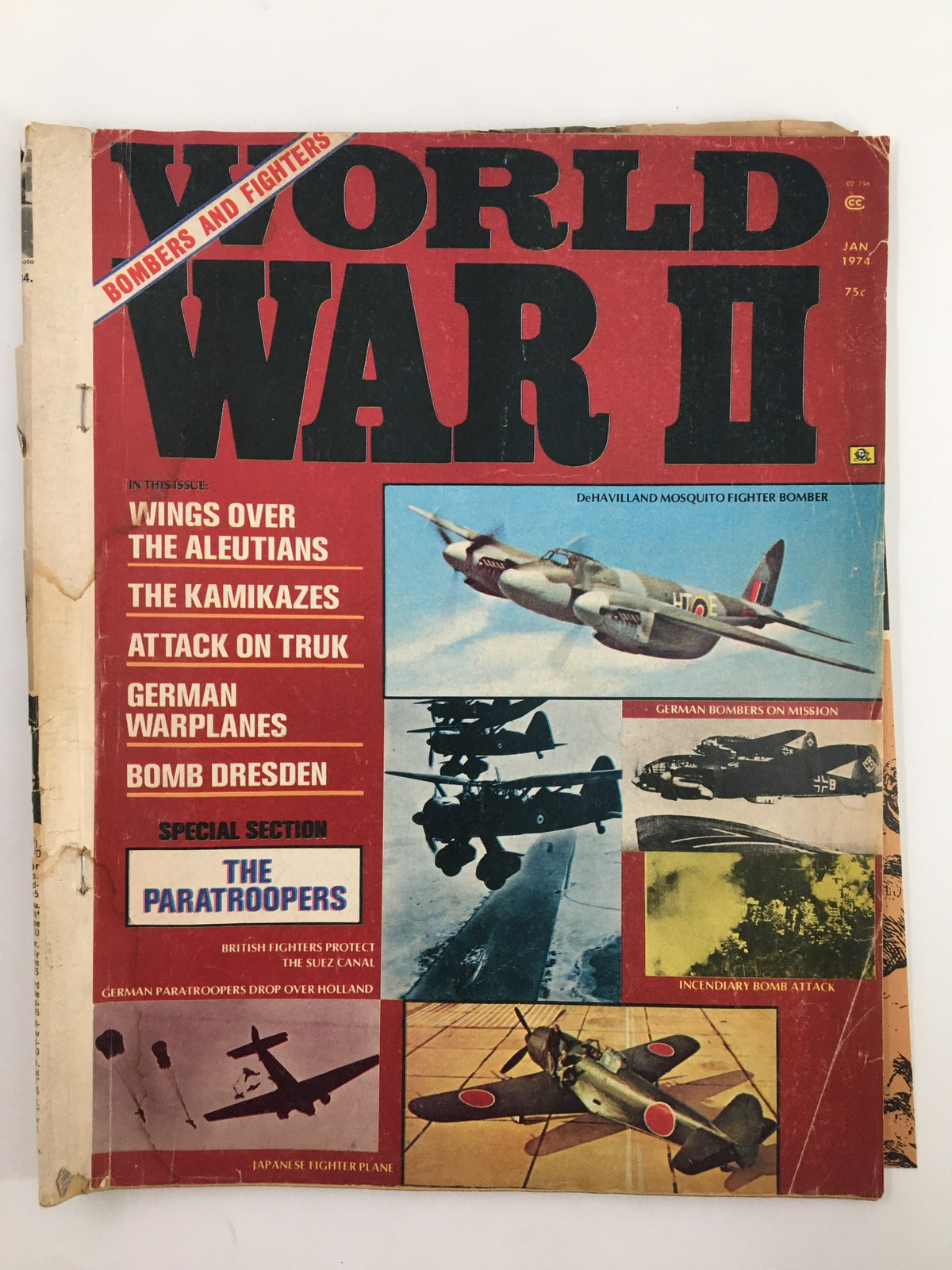 January 1974 issue of VTG World War II Magazine showcasing the DeHavilland Mosquito Fighter on the cover, featuring articles on various military topics including bombers and fighters, paratroopers, and wartime strategies.