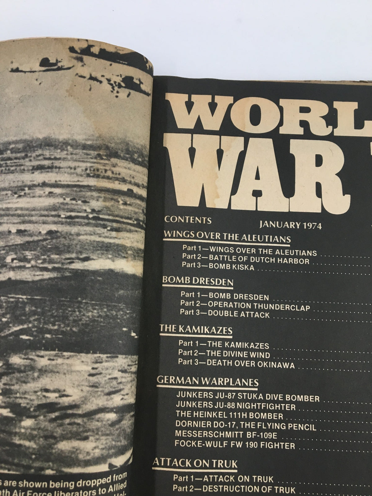 Another view of the table of contents in the January 1974 World War II Magazine, showcasing articles related to significant World War II events and aircraft.