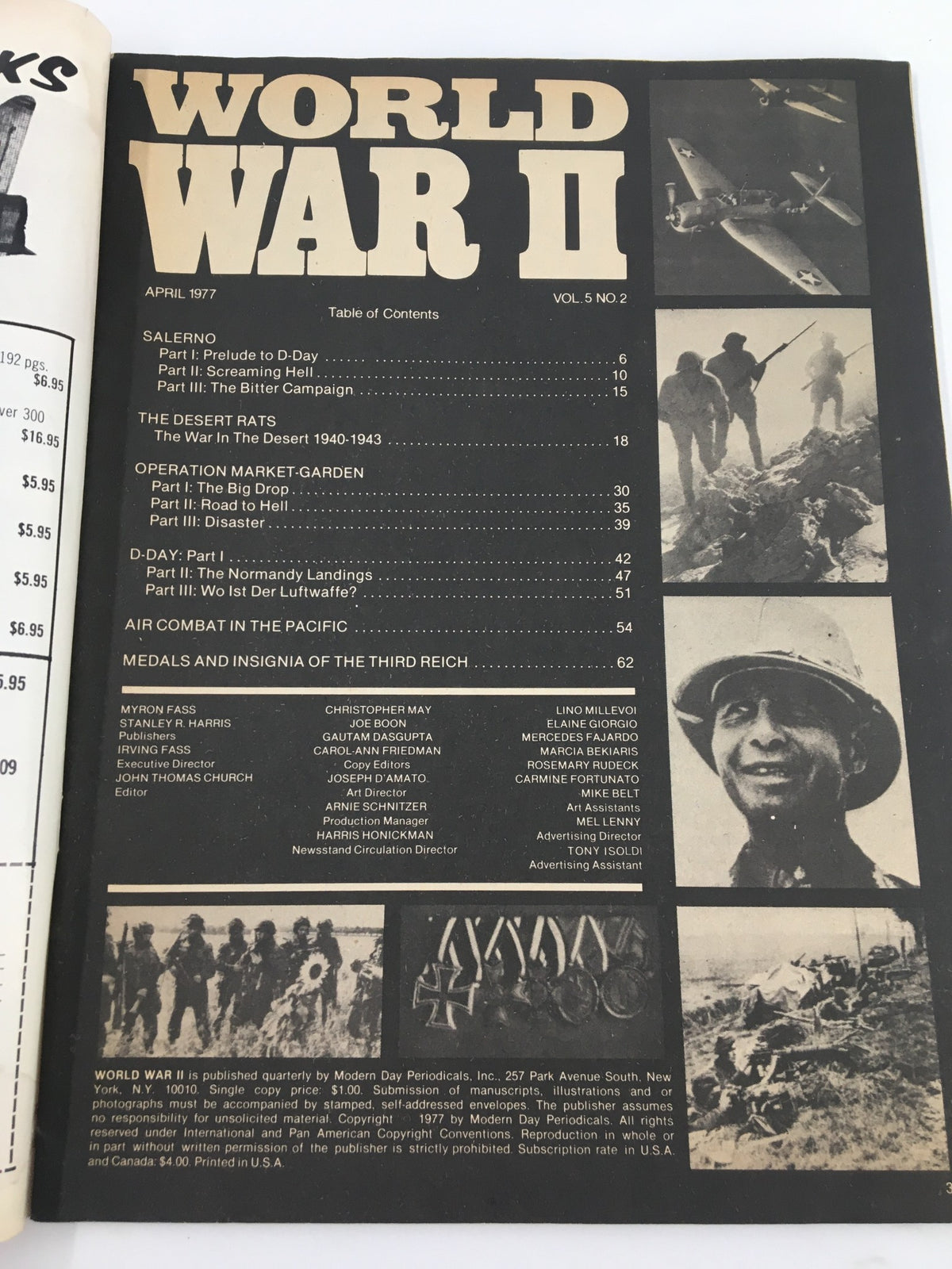 Inside page of the VTG World War II Magazine April 1977 showing the table of contents with sections on 'Salerno: Prelude to D-Day' and 'Operation Market-Garden'.