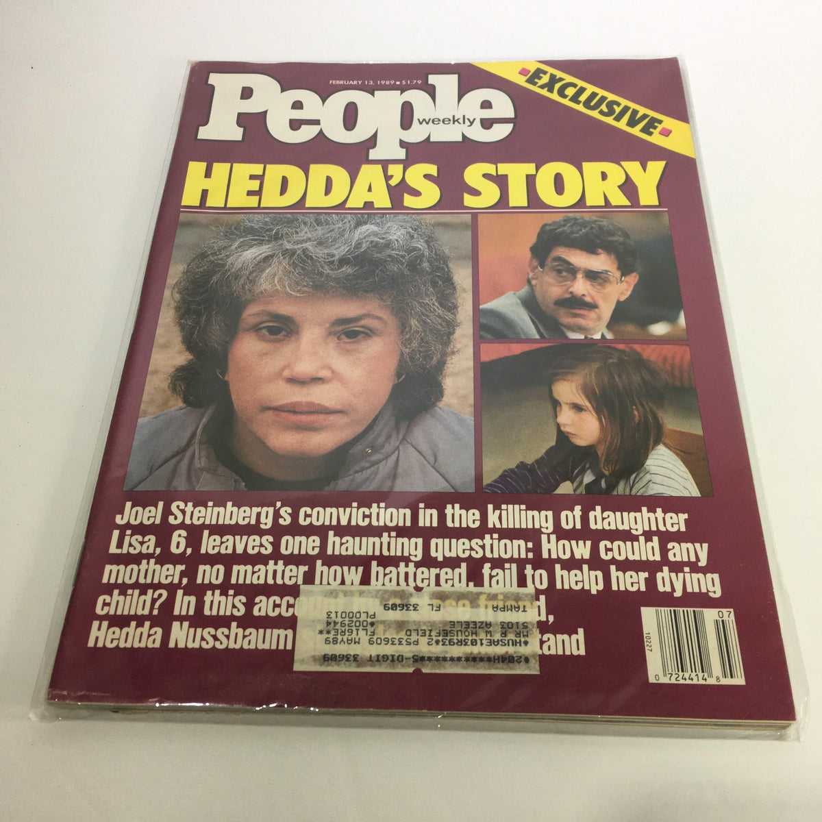Cover of People Magazine dated February 13, 1989, featuring the headline 'Hedda's Story' and a focus on Joel Steinberg's conviction in the tragic case of Lisa's daughter, with images of key individuals involved.