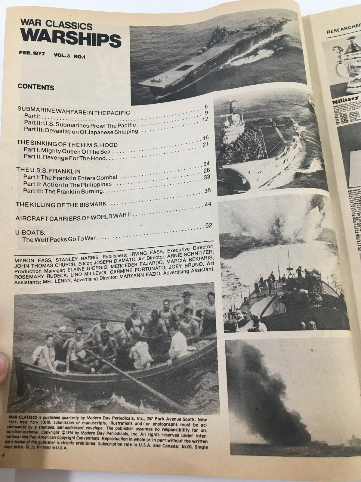Contents page from 'War Classics Magazine - February 1977' highlighting articles including 'The Sinking of the H.M.S. Hood' and 'The Killing of the Bismarck,' showcasing various historical naval topics.
