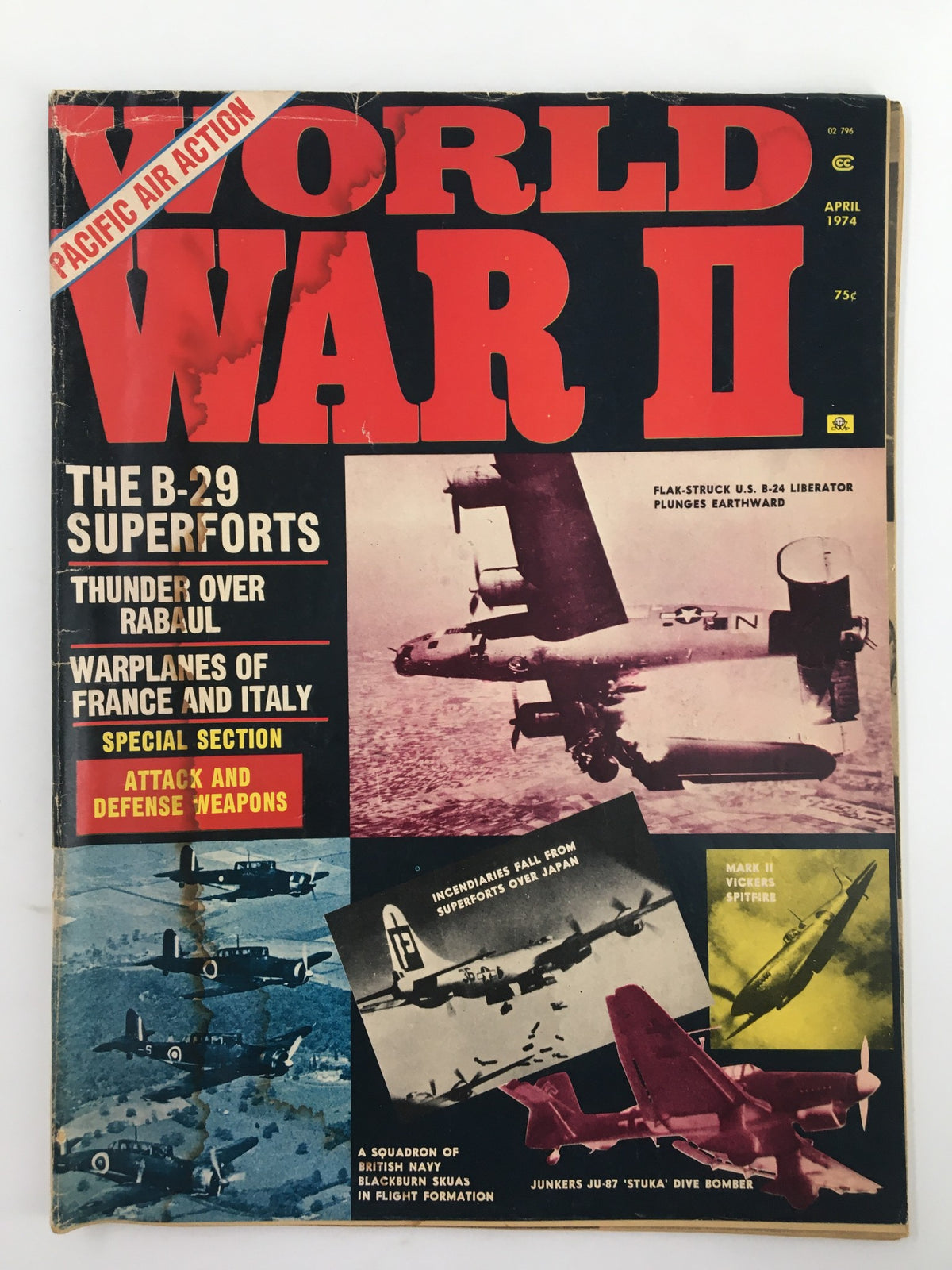 Cover of the VTG World War II Magazine from April 1974, featuring the B-29 Superforts and the tagline 'Flak-Struck U.S. B-24 Liberator Plunges Earthward.'
