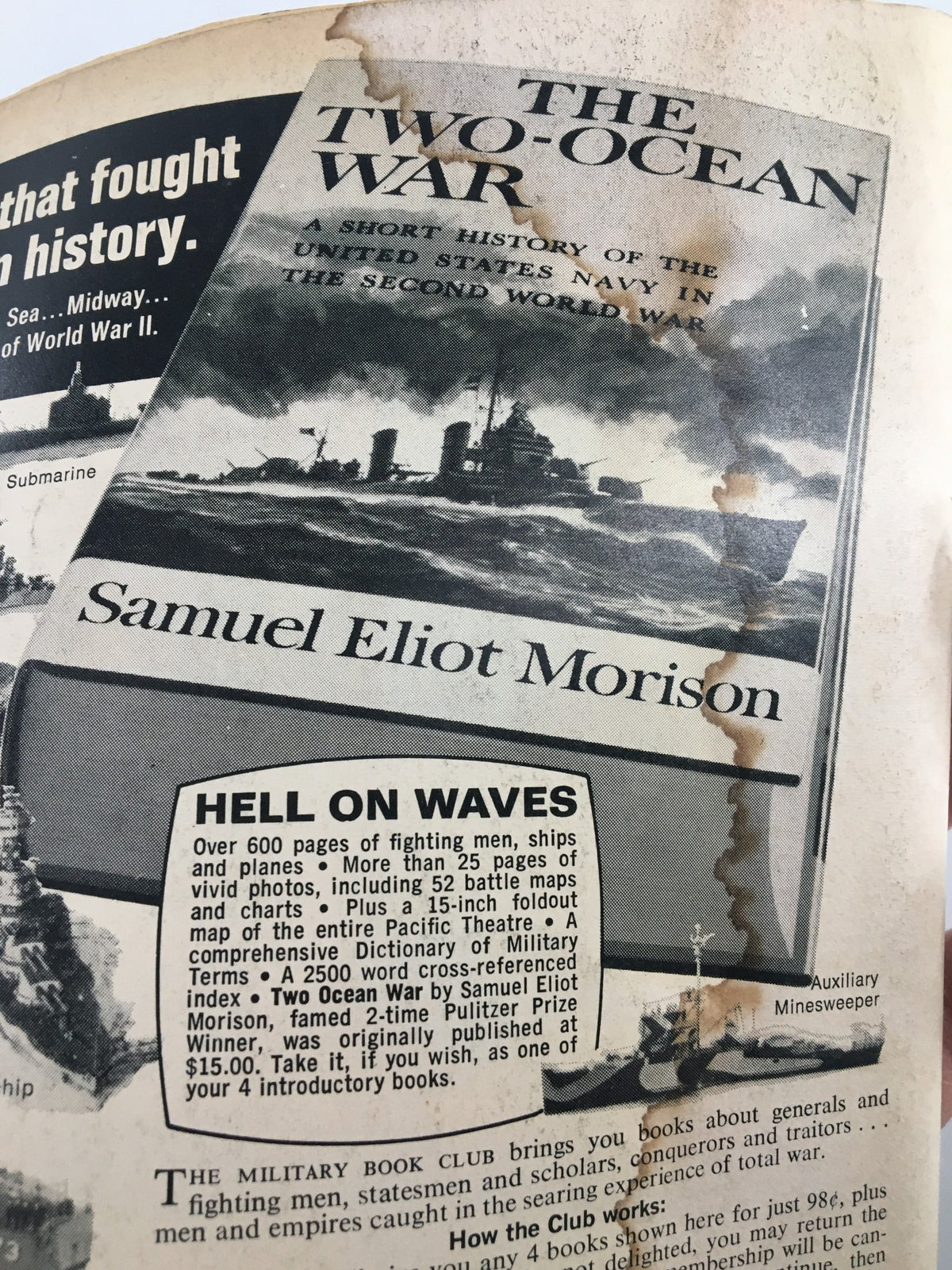 Vintage magazine advertisement for 'The Two-Ocean War' by Samuel Eliot Morison, featuring details about a Navy history book related to World War II, as seen in the VTG World War II Magazine April 1974 Flak-Struck US B-24 Liberator issue.