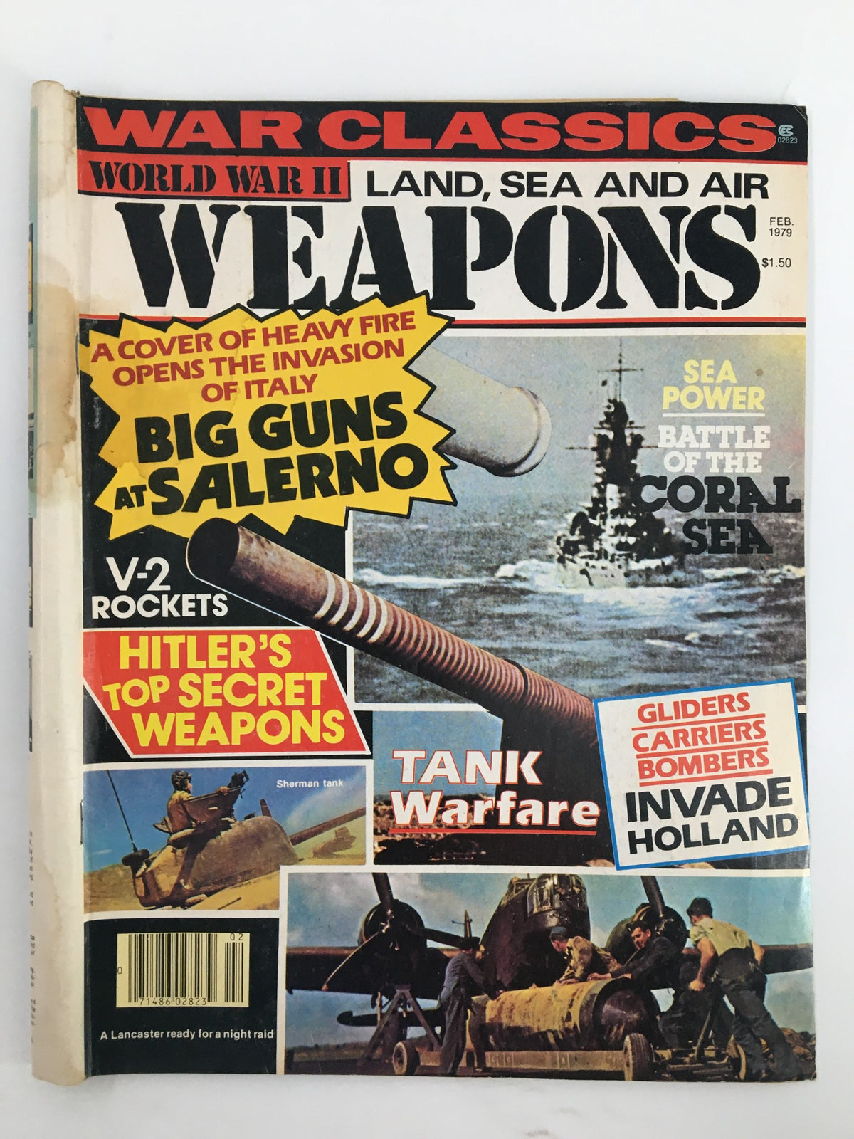 Vintage War Classic Magazine February 1979 cover featuring World War II land, sea, and air weapons, highlights include 'Big Guns at Salerno,' 'Hitler's Top Secret Weapons,' and 'Tank Warfare,' surrounded by historical military imagery.