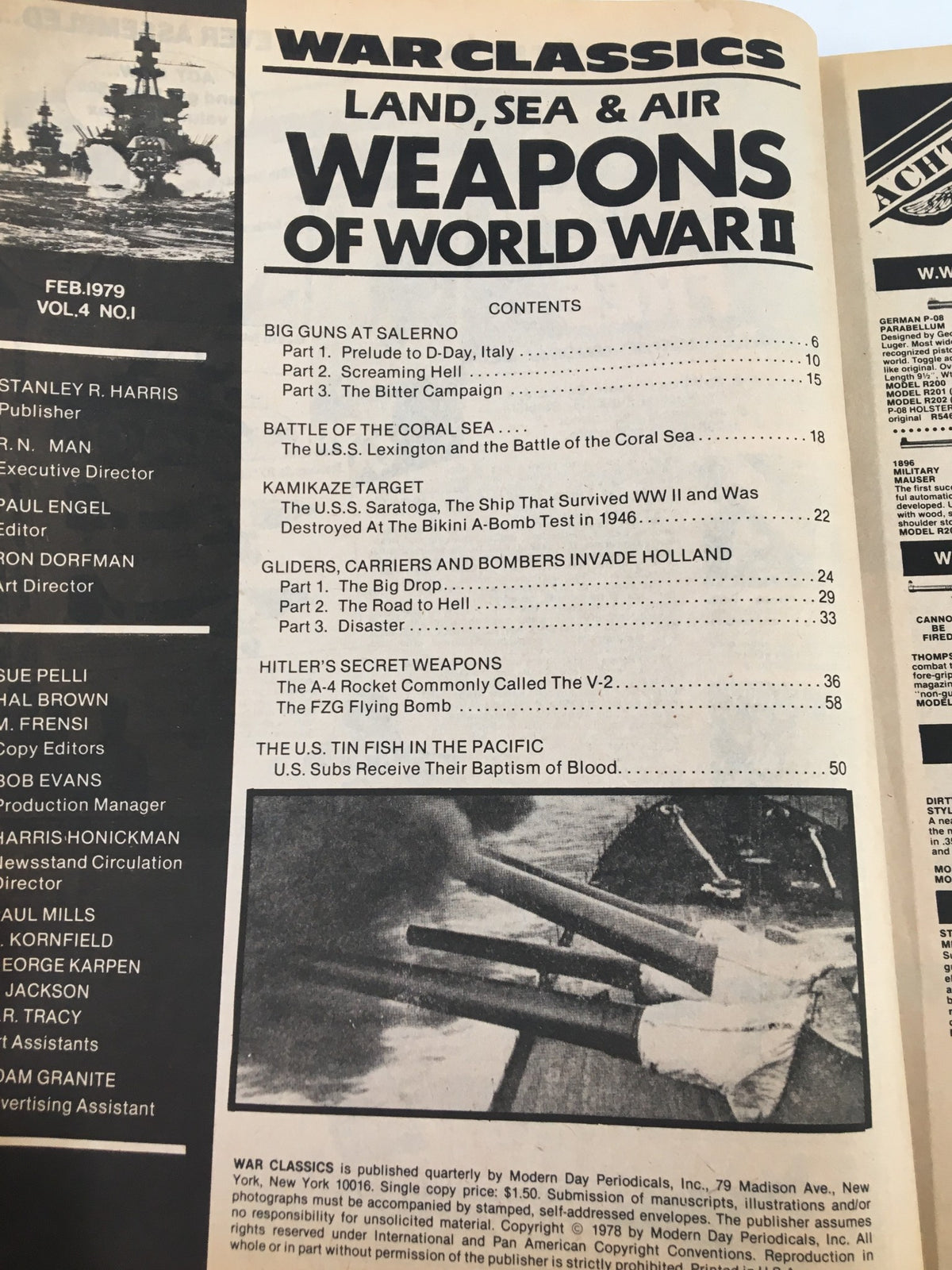 Inside contents page of the Vintage War Classic Magazine February 1979 detailing articles on WWII weapons, including 'Big Guns at Salerno', 'Kamikaze Target', and 'Hitler's Secret Weapons'.