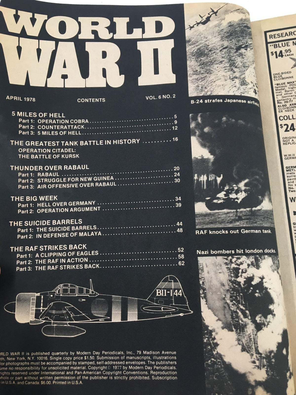 Contents page of VTG World War II Magazine April 1978 detailing various articles including suicide barrels and war strategies.