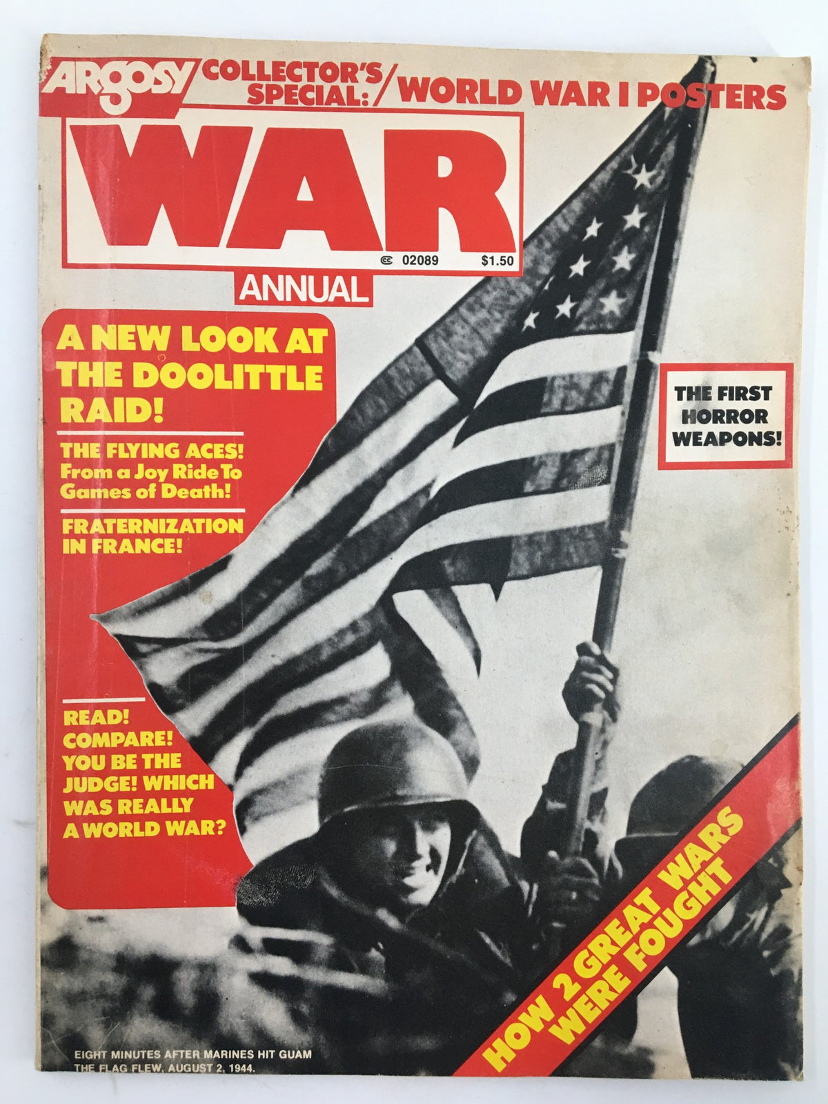 Cover of VTG Argosy War Magazine Annual 1976 featuring title 'WAR ANNUAL' and imagery of soldiers with the American flag, highlighting how two great wars were fought.
