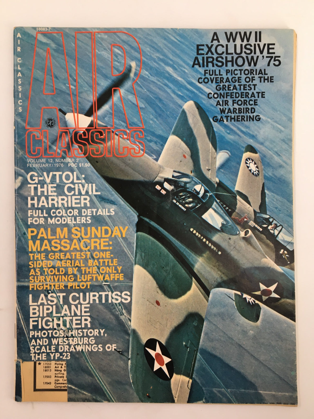 Cover of VTG Air Classics Magazine February 1976 featuring G-VTOL The Civil Harrier, with bold graphics and airplane imagery.