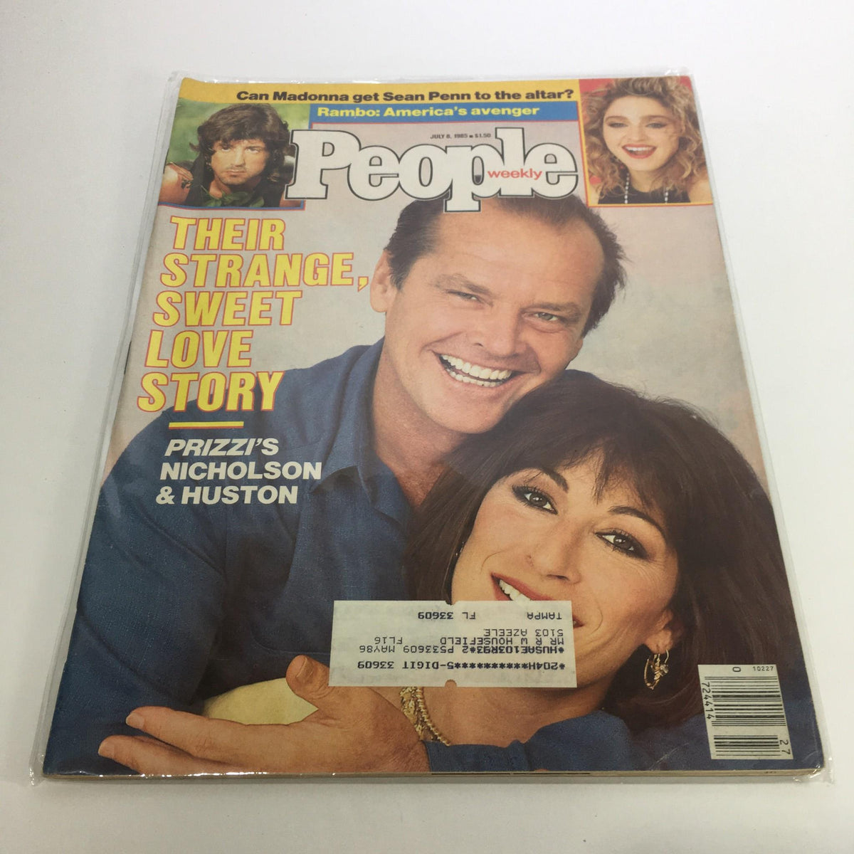 Cover of People Magazine from July 8, 1985, featuring the headline 'Their Strange, Sweet Love Story' highlighting Prizzi, Nicholson & Houston, with images of Jack Nicholson and Anjelica Huston smiling.