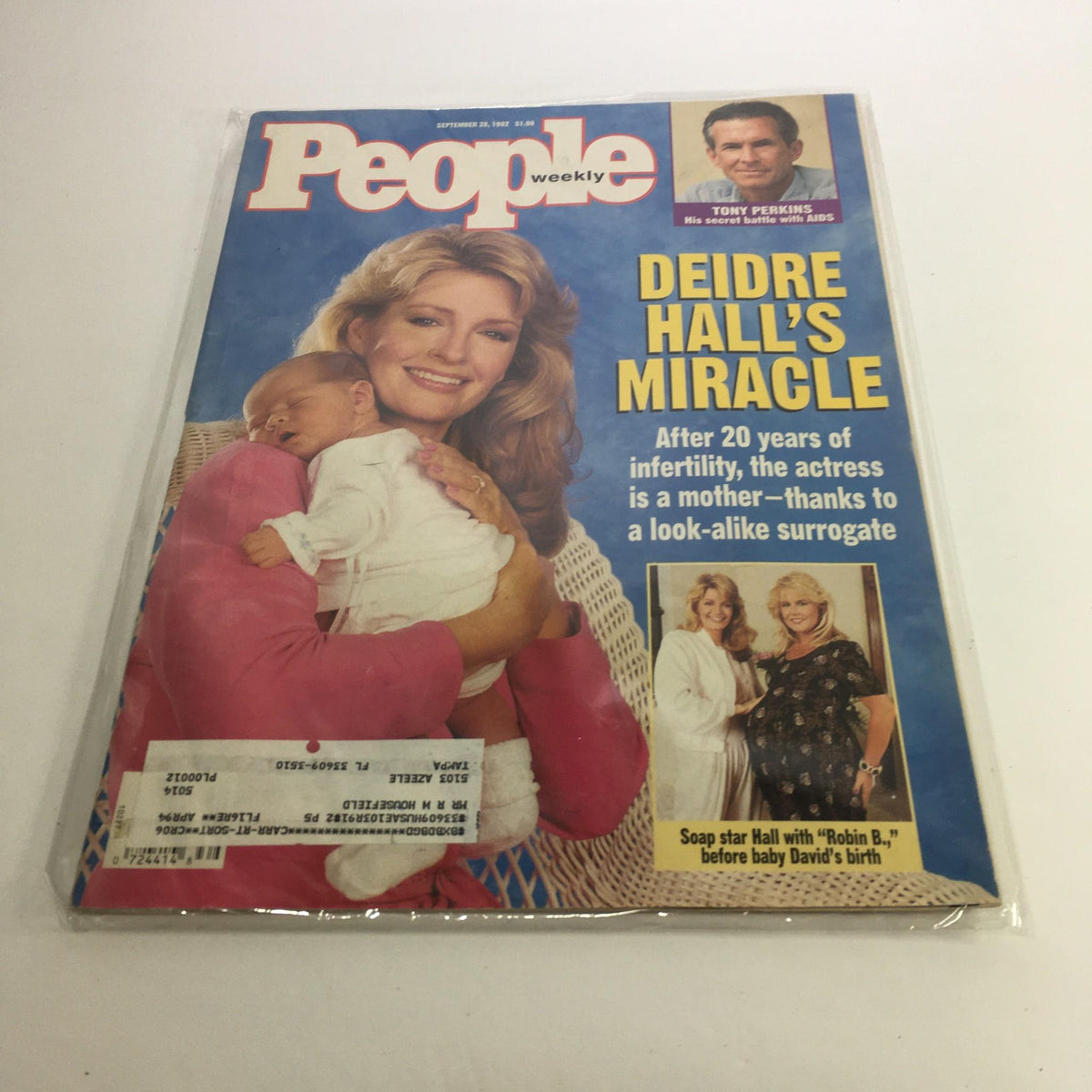 People Magazine cover from September 28, 1992 featuring Deidre Hall and her miracle baby after 20 years of infertility, highlighting her emotional journey and the role of a look-alike surrogate.