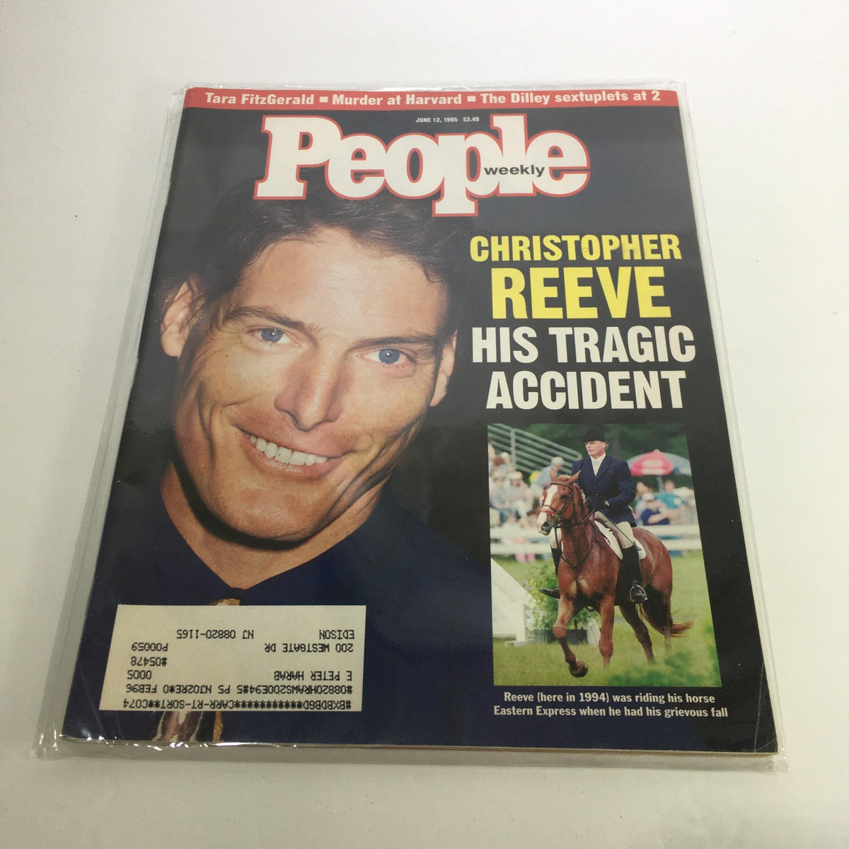 People Magazine cover from June 12, 1995 featuring actor Christopher Reeve and the headline 'His Tragic Accident', showcasing a close-up of Reeve and a photo of him riding a horse at a competition.