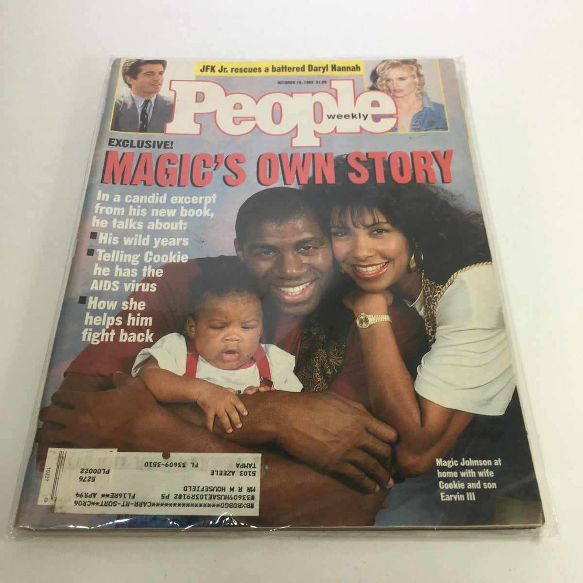 Cover of People Magazine, October 19, 1992 edition titled 'Magic's Own Story', featuring Magic Johnson with his wife Cookie and son Earvin, highlighting personal insights on his life, family, and his journey with HIV.