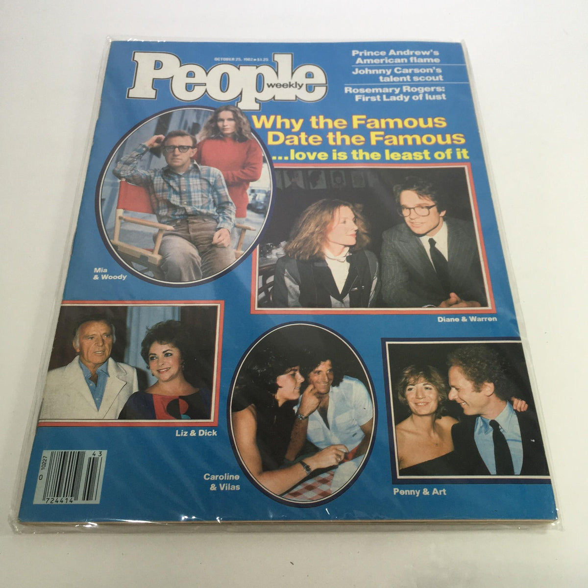 Cover of People Magazine dated October 25, 1982 featuring Mia Farrow and Woody Allen, alongside other celebrity couples, with the title "Why the Famous Date the Famous" prominently displayed.