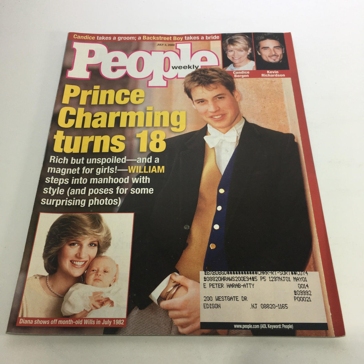 Cover of People Magazine dated July 3, 2000, featuring Prince William turning 18 with the headline 'Prince Charming turns 18'. The image showcases William in a stylish outfit, celebrating his birthday, accompanied by a photo of Princess Diana and a baby, highlighting the royal family's presence in the magazine.