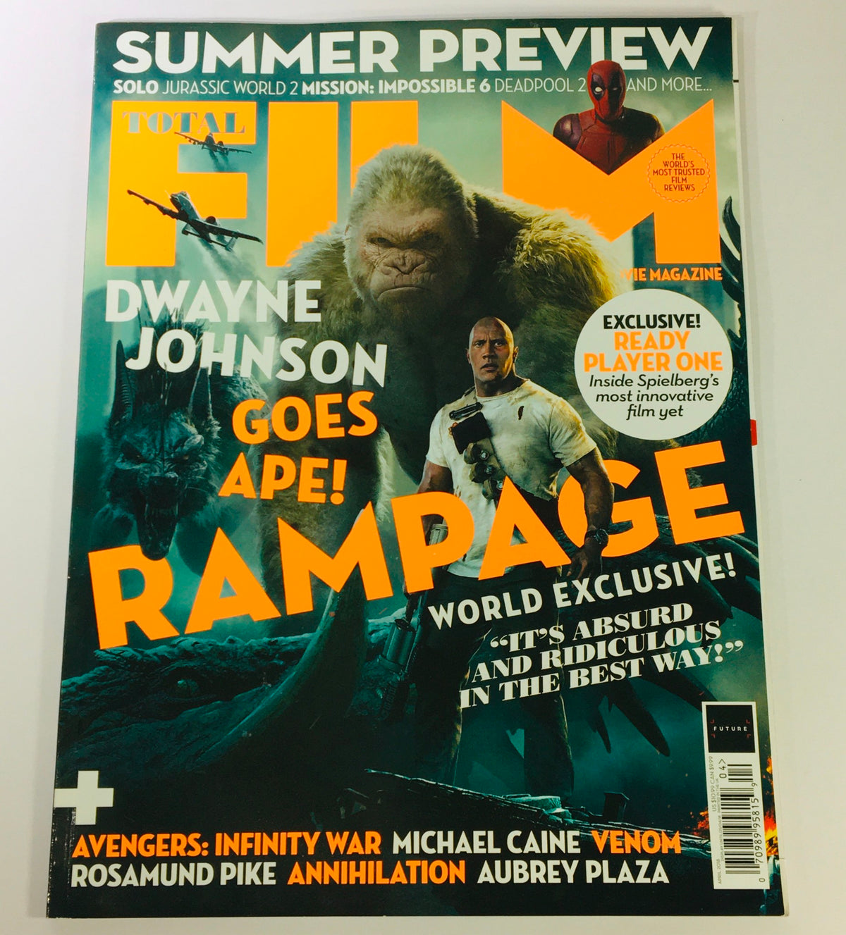 Total Film Magazine April 2018 #270 featuring Dwayne Johnson and Ryan Reynolds on the cover, highlighting their roles in film, with the tagline 'Goes Ape! Rampage!' and a preview of top upcoming movies.