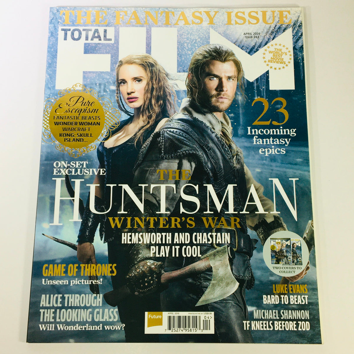 Cover of Total Film Magazine April 2016 #243 featuring Jessica Chastain and Chris Hemsworth, themed as the Fantasy Issue with a focus on 'The Huntsman: Winter's War' and highlights from various fantasy epics.
