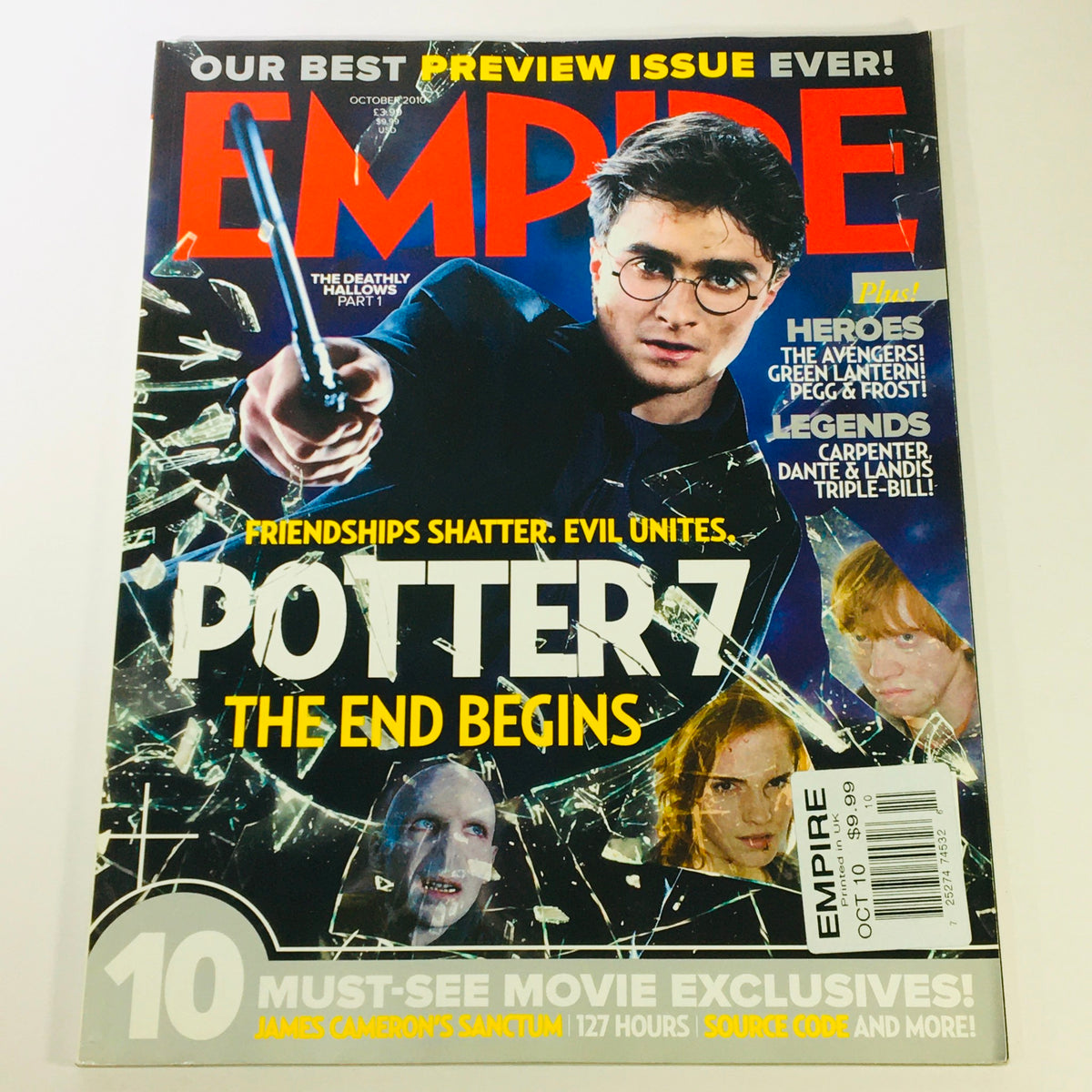 Empire Magazine October 2010 featuring Daniel Radcliffe, Emma Watson, and Rupert Grint on the cover. This vintage issue highlights significant moments in the Harry Potter franchise with an emphasis on the transition from childhood to adult stardom.