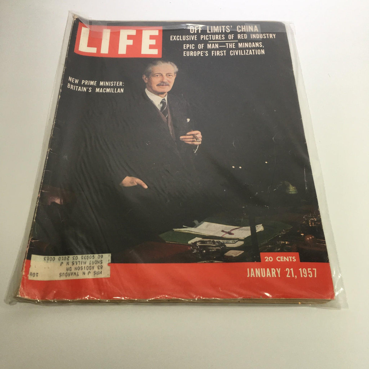 Life Magazine January 21, 1957 cover featuring Britain's Prime Minister Harold Macmillan, showcasing his portrait in a formal setting with a classic design and vintage style, an important piece reflecting mid-20th century British politics.