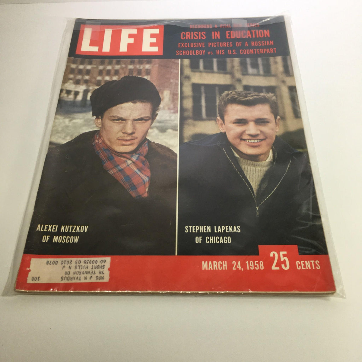 Cover of Life Magazine from March 24, 1958, featuring Alexei Kutzkov of Moscow and Stephen Lapekas of Chicago, showcasing the cultural and political context of the Cold War era.