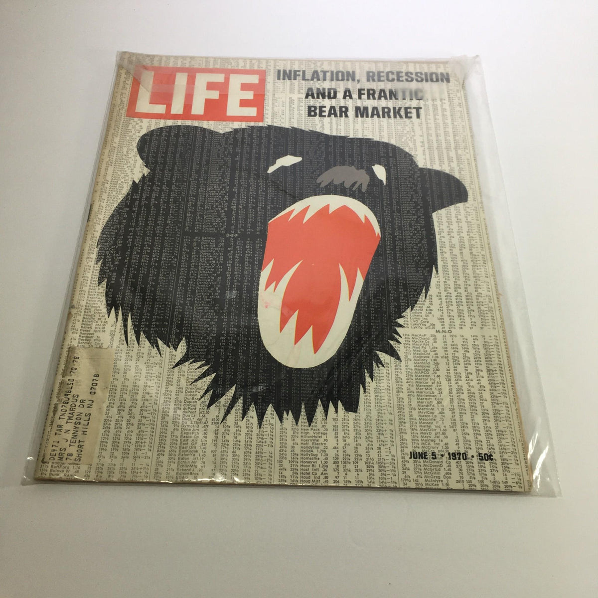 Cover of Life Magazine from June 5, 1970, featuring the title concerning inflation, recession, and a frantic bear market, illustrated with a striking bear graphic.