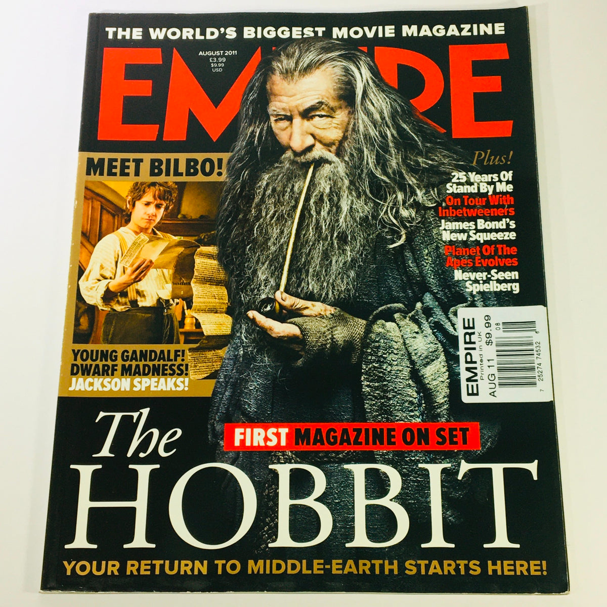Empire Magazine August 2011 cover featuring Ian McKellen as Gandalf with a pipe and Martin Freeman as Bilbo Baggins, highlighting The Hobbit and showcasing film culture of the era.