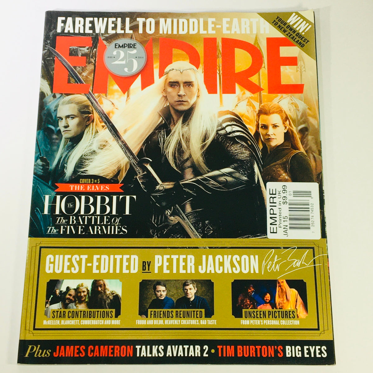 Empire Magazine January 2015 featuring Orlando Bloom, Craig Parker, and Evangeline Lilly on the cover, celebrating 'The Hobbit: The Battle of the Five Armies' with stunning visuals and interviews.