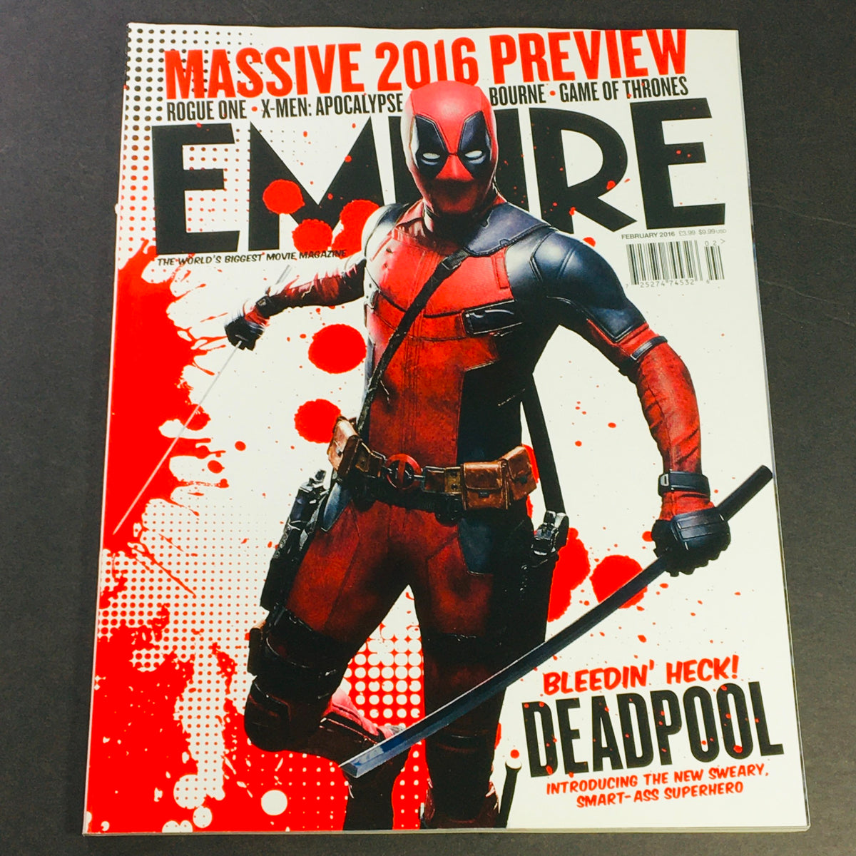 Empire Magazine February 2016 cover featuring Ryan Reynolds as Deadpool, showcasing vibrant visuals and emphasizing the superhero theme of 2016, ideal for collectors and fans.