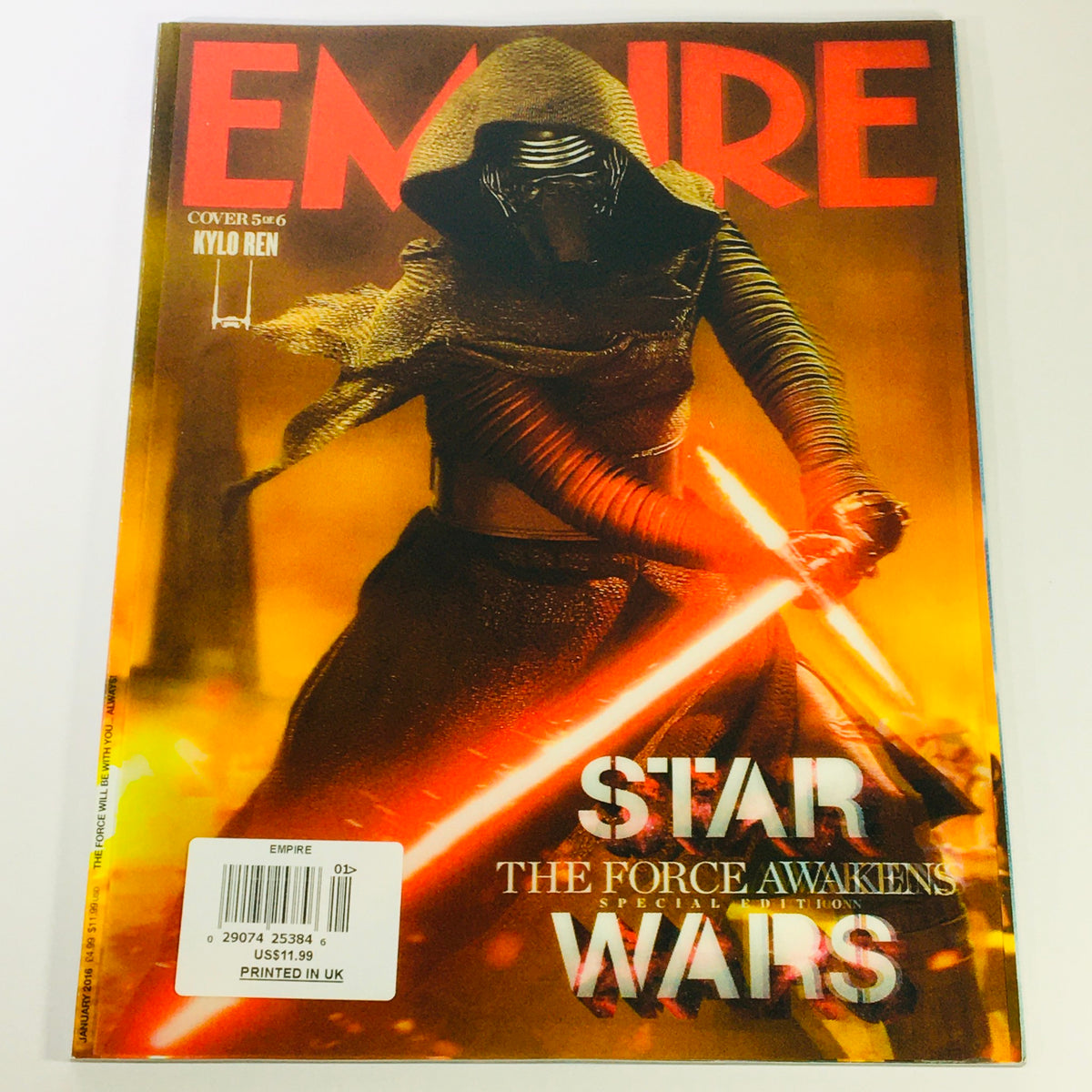 Empire Magazine January 2016 cover featuring Adam Driver as Kylo Ren from Star Wars: The Force Awakens, showcasing dynamic lighting and an iconic pose.