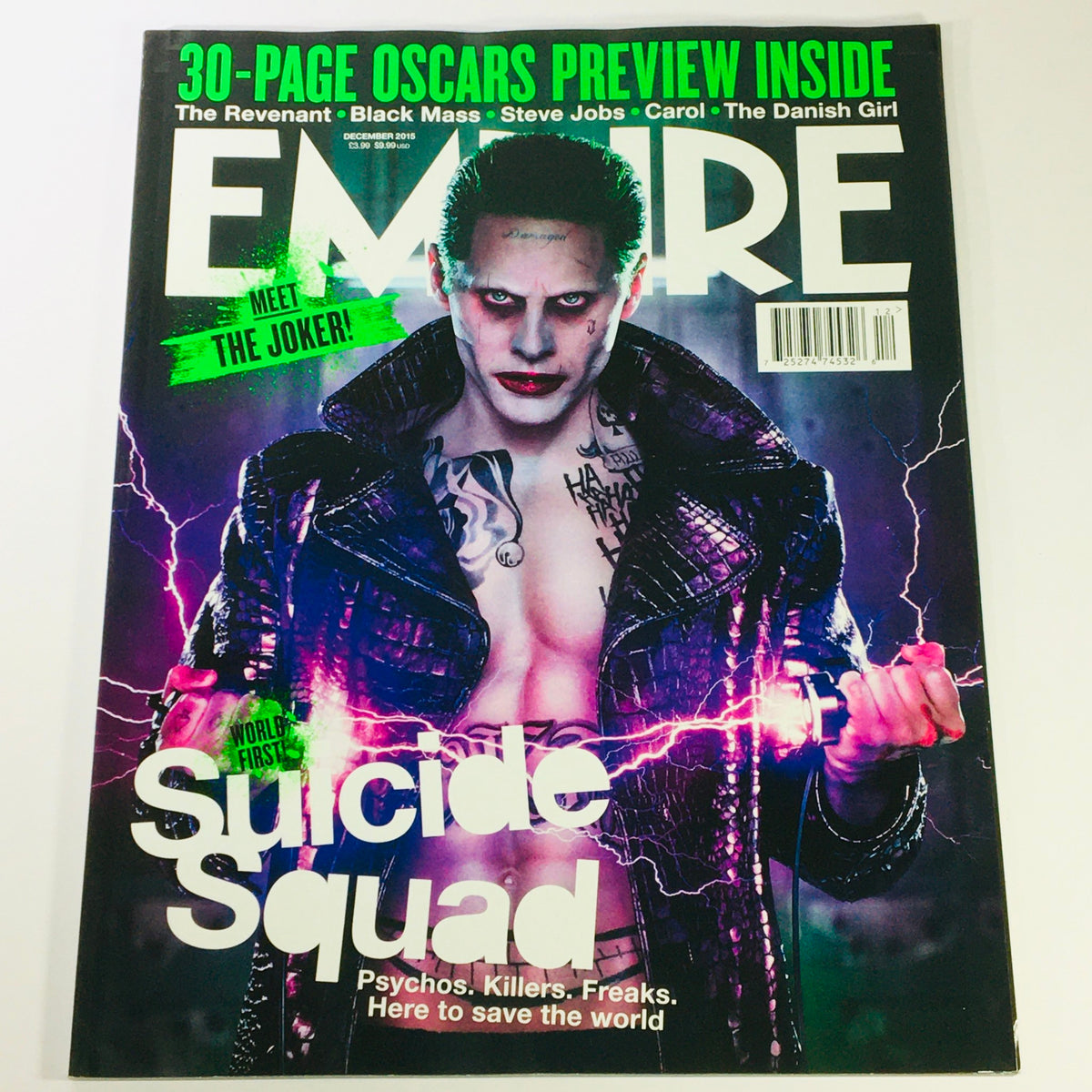 Empire Magazine December 2015 featuring Jared Leto as the Joker from Suicide Squad, showcasing vibrant cover art with a dark, dramatic portrayal of the character.
