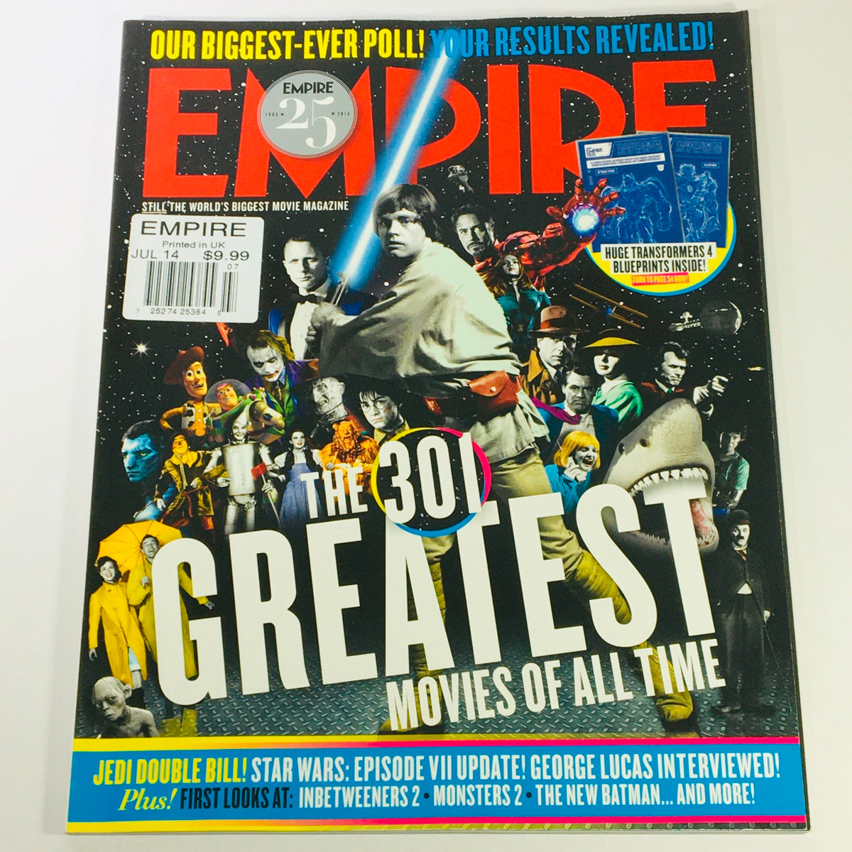 Empire Magazine July 2014 cover featuring 'The 30 Greatest Movies of All Time,' showcasing iconic characters including those from Star Wars, highlighting the magazine's focus on film history and collector's value.